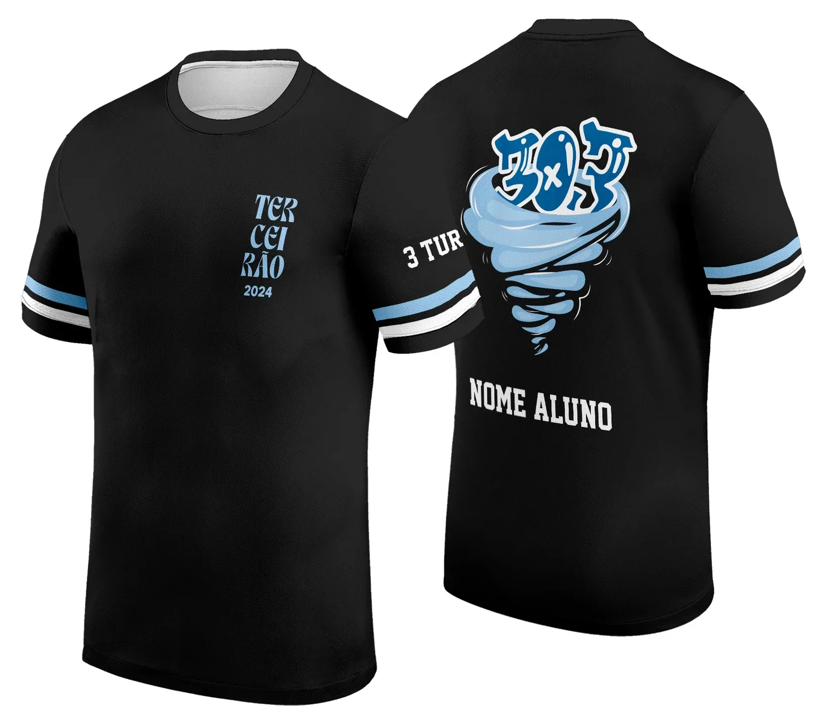 Camiseta unissex preta com logo no peito e estampa grande nas costas, tema Terceirão Furacão 2026, perfeita para celebrar a turma com estilo e atitude.