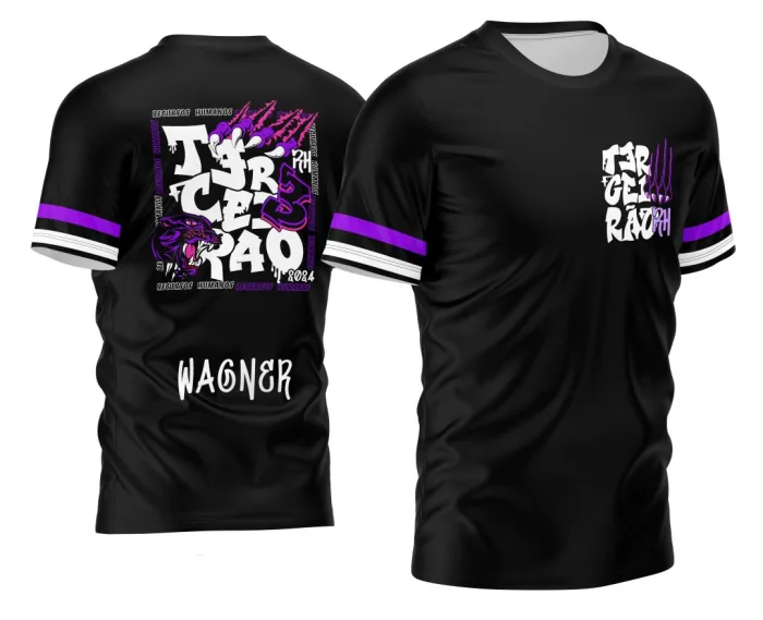 Camiseta unissex preta com logo no peito e estampa grande nas costas do Terceirão Pantera Recursos Humanos 2026, perfeita para estudantes e formandos.