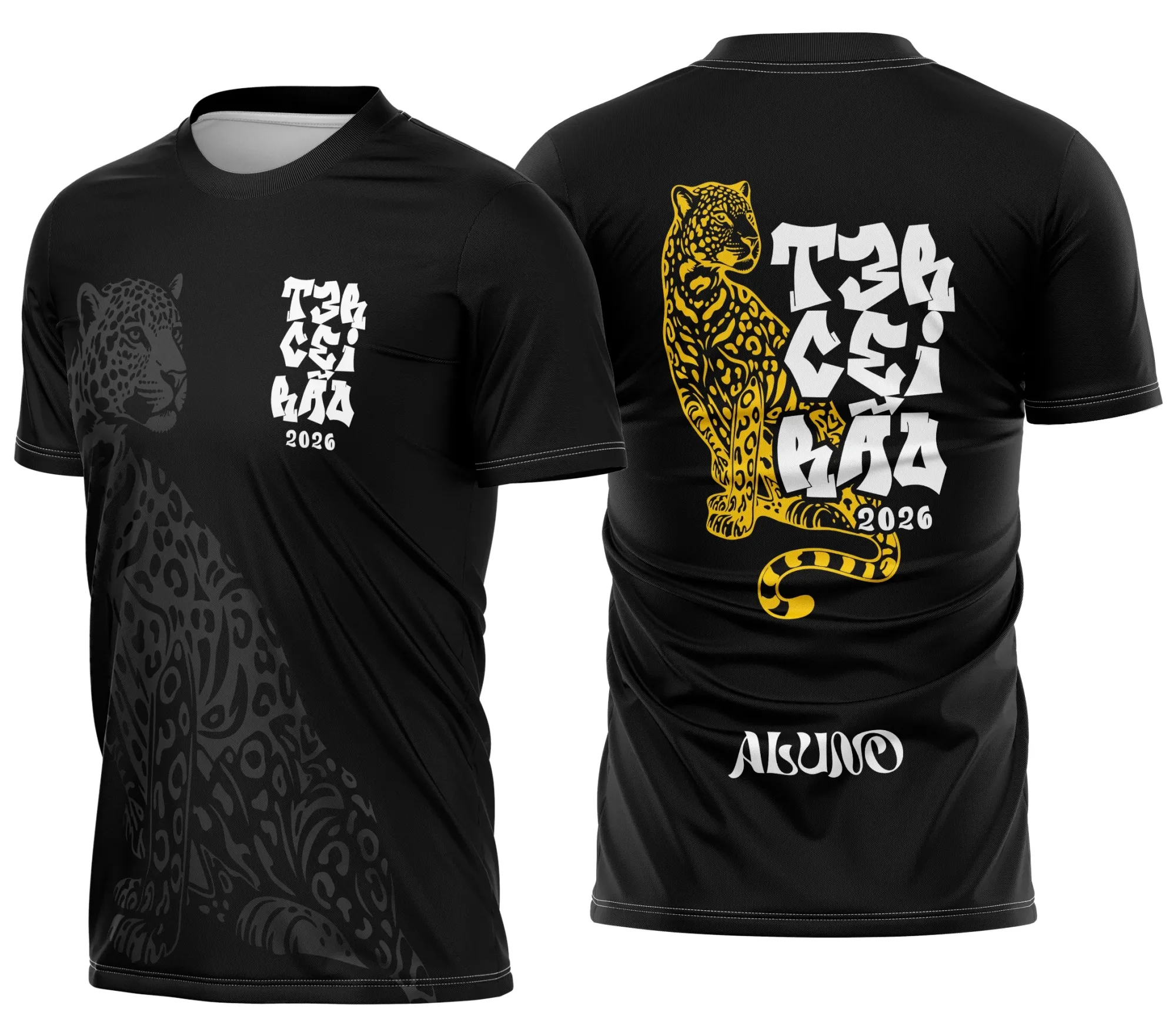 Camiseta unissex preta com logo no peito e estampa grande nas costas da Terceirão Onça 2026, ideal para estudantes que querem marcar o momento com estilo e identidade.