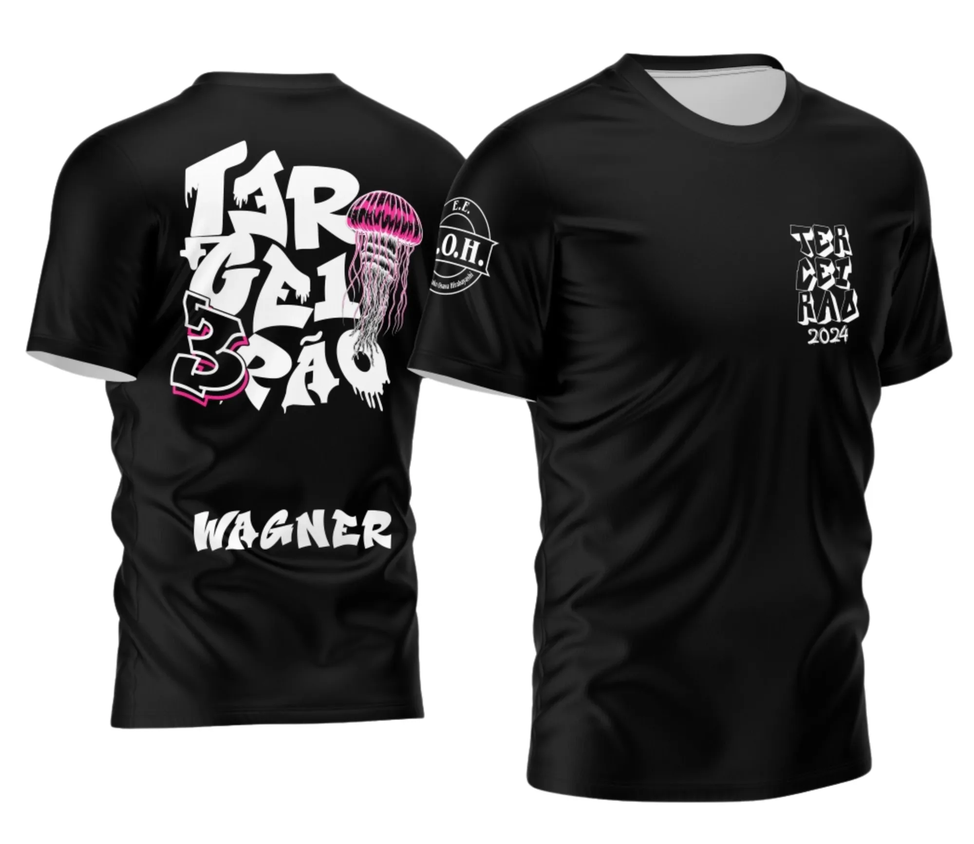 Camiseta unissex preta com logo no peito e estampa grande nas costas destacando a temática Terceirão 2026 Água Viva, perfeita para celebrar a turma com estilo e personalidade.