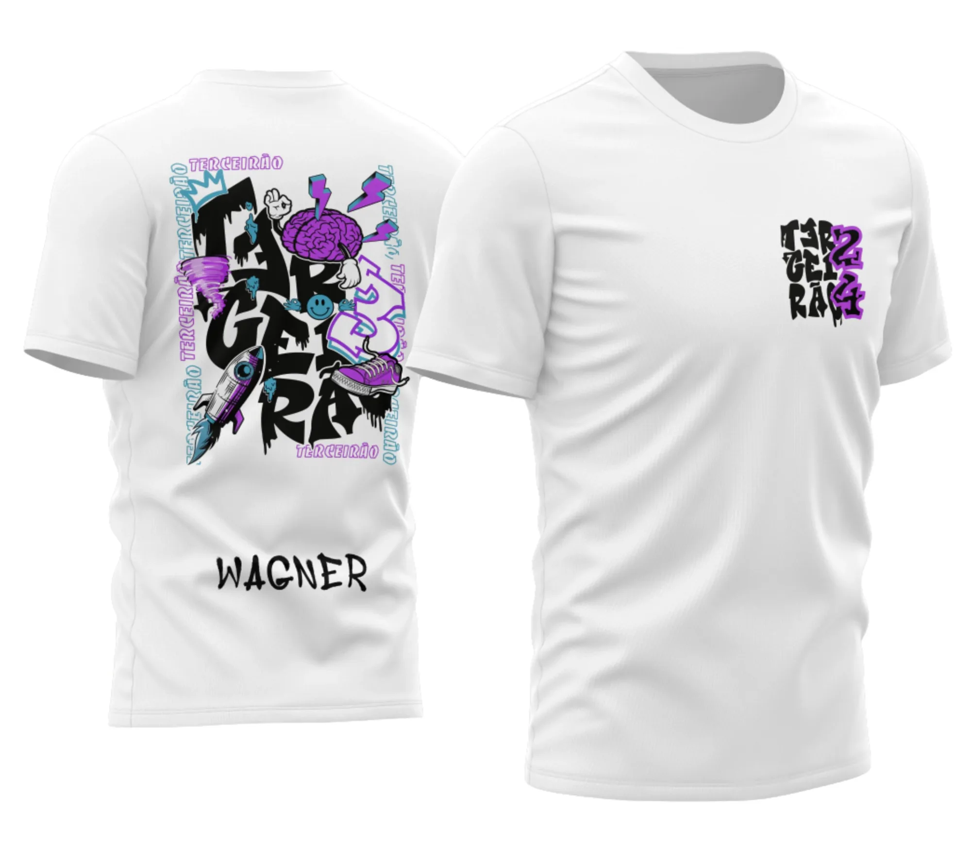 Camiseta unissex preta com logo no peito e estampa grande nas costas com tema Terceirão 2026 Explosão de Foguete, estilo moderno e vibrante, ideal para estudantes comemorarem juntos.