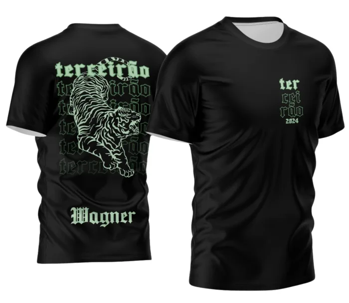 Camiseta preta unissex com logo no peito e estampa grande nas costas com tema Terceirão Tigre 2026, design moderno e vibrante, ideal para estudantes comemorarem o último ano com estilo.