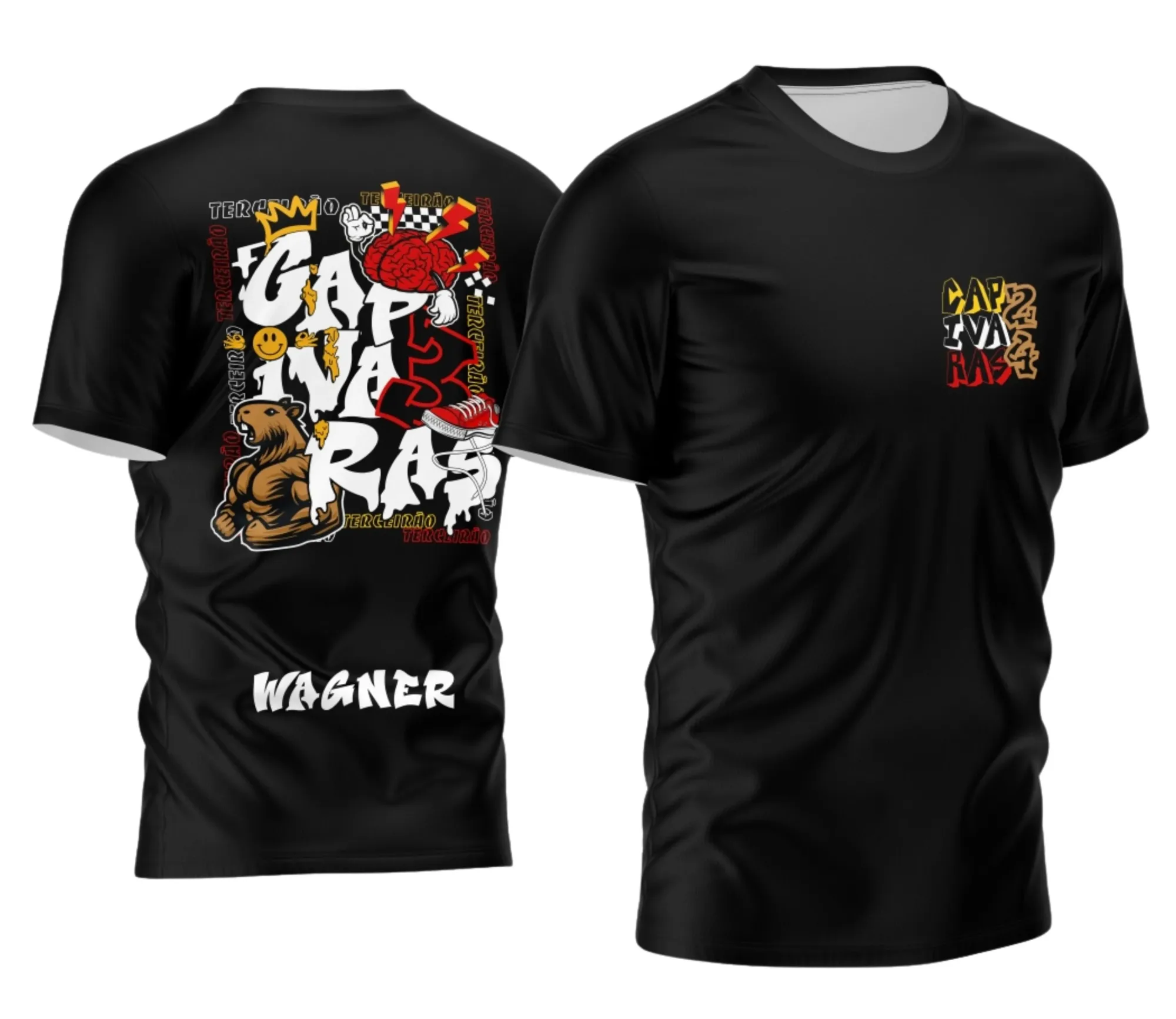 Camiseta unissex preta com logo no peito e estampa grande nas costas inspirada na Capivara Terceirão 2026, ideal para estudantes comemorarem a formatura com estilo e atitude.