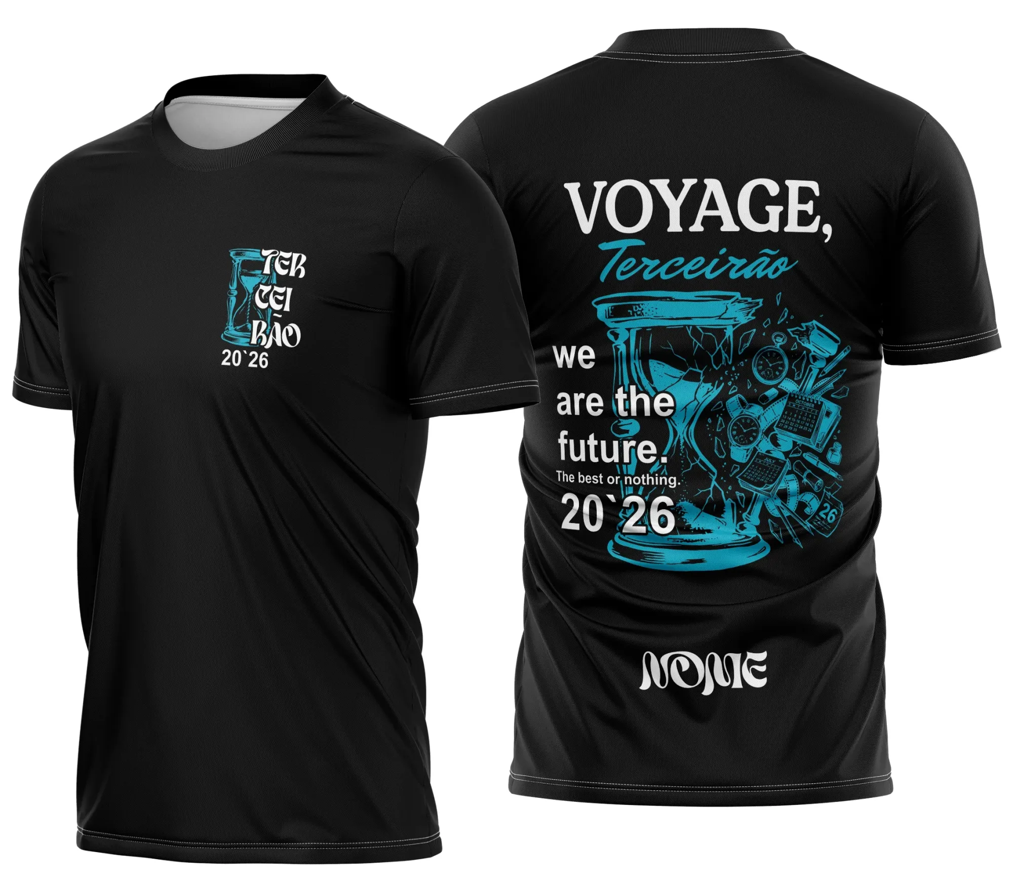 Camiseta unissex preta com logo no peito e estampa grande nas costas retratando tema Terceirão Ampulheta Voyage Fragmentos, design moderno e vibrante.