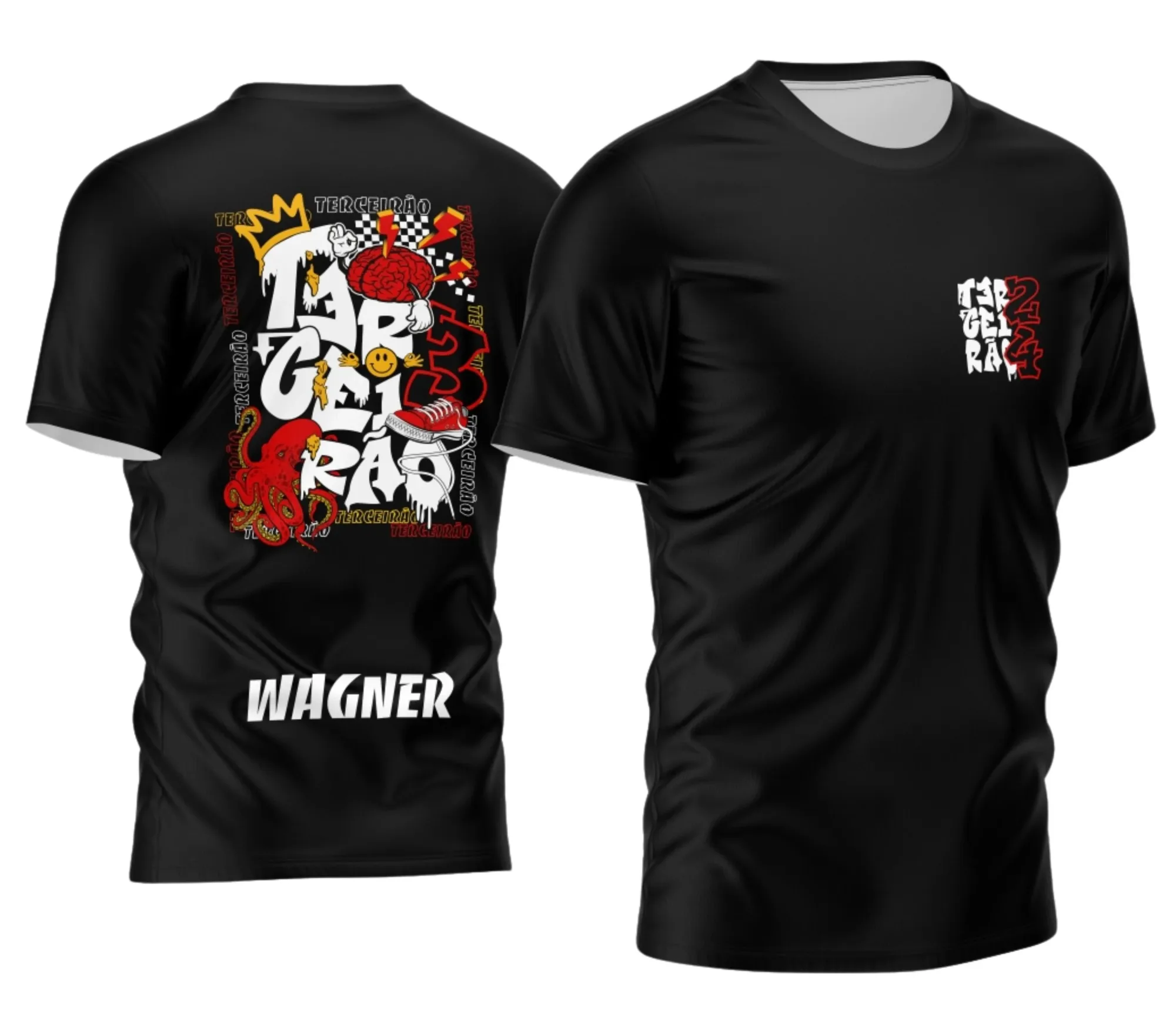Camiseta unissex preta com logo no peito e estampa grande nas costas mostrando Polvo Vermelho, ideal para Terceirão 2026 com design moderno e impactante.