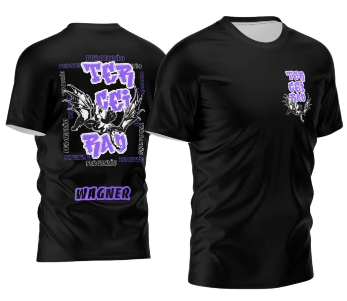 Camiseta unissex preta com logo no peito e estampa grande nas costas mostrando o tema Terceirão 2026 com anjo caindo, design moderno e impactante para estudantes.