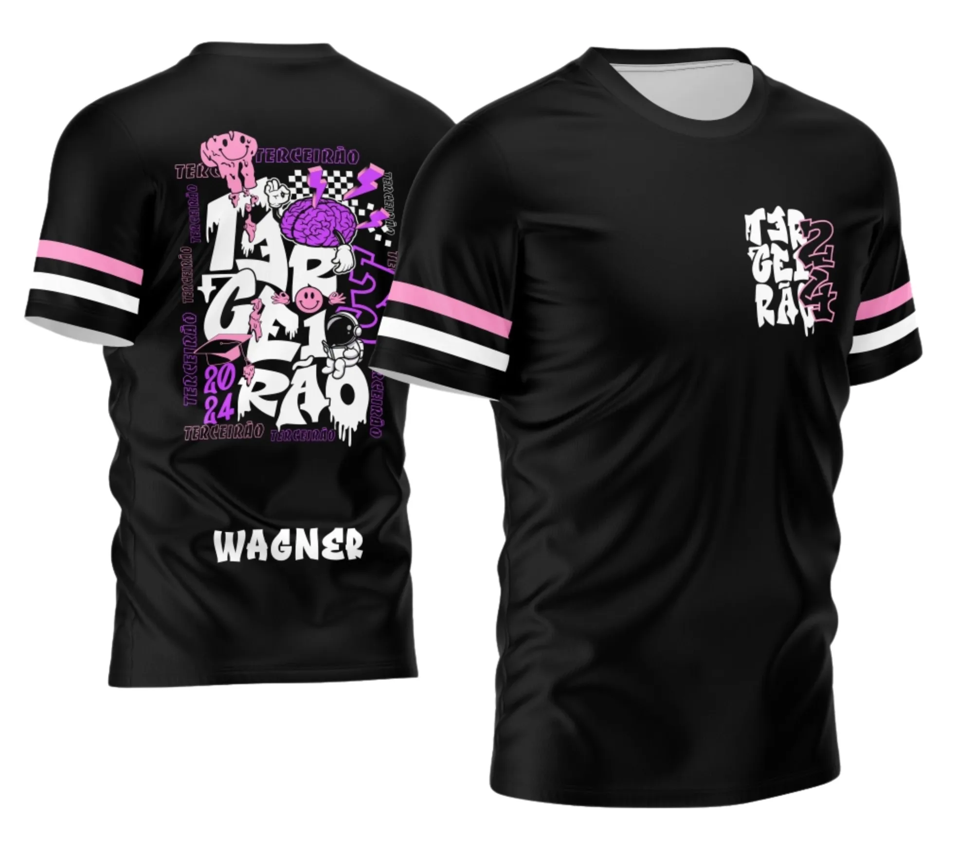 Camiseta unissex preta com logo no peito e estampa grande nas costas inspirada no Terceirão 2026, design moderno e vibrante, perfeita para a turma celebrar essa fase única.