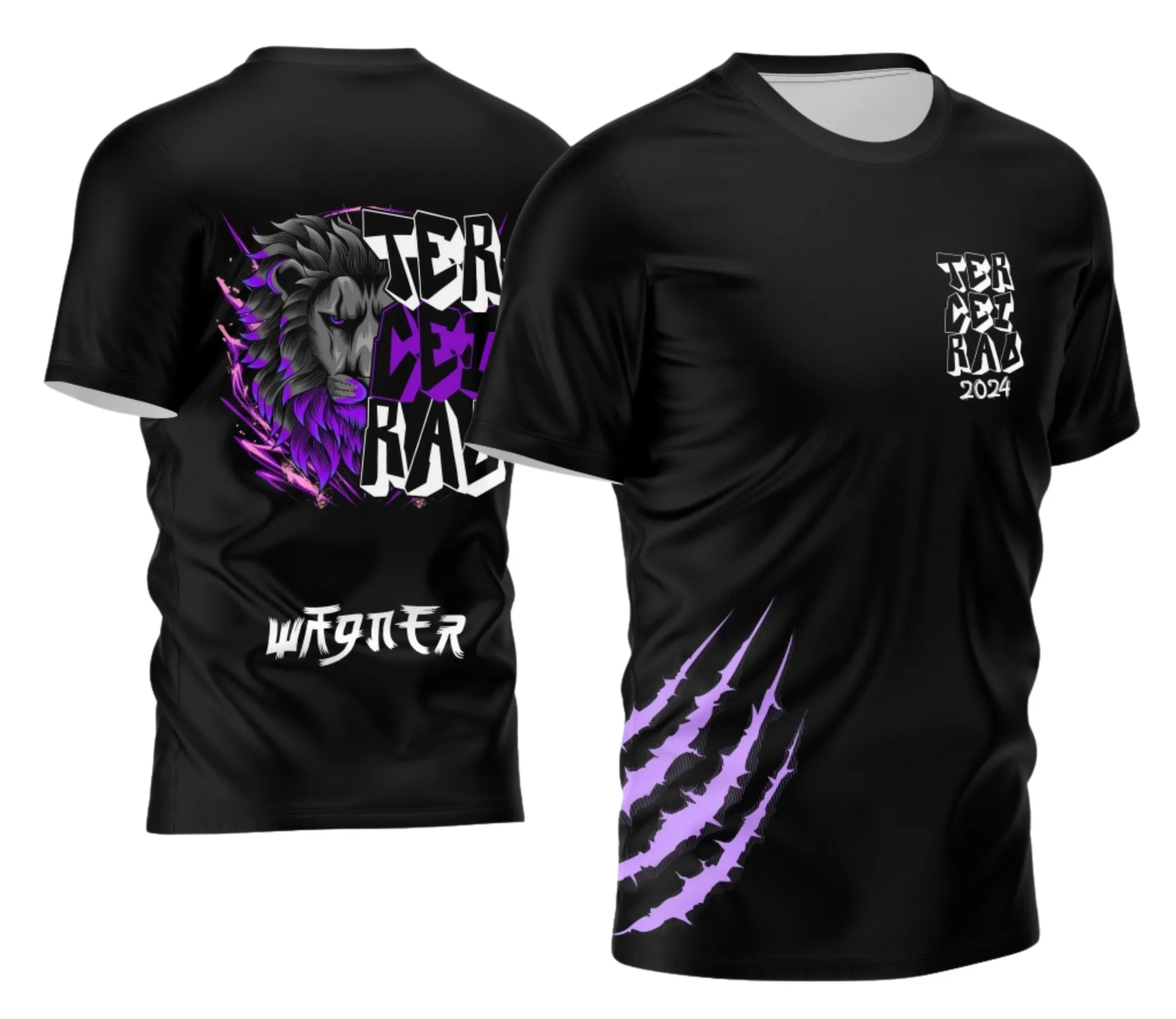 Camiseta unissex preta com logo no peito e estampa grande nas costas temática Leão Terceirão 2026, design marcante ideal para estudantes do terceiro ano celebrando a formatura