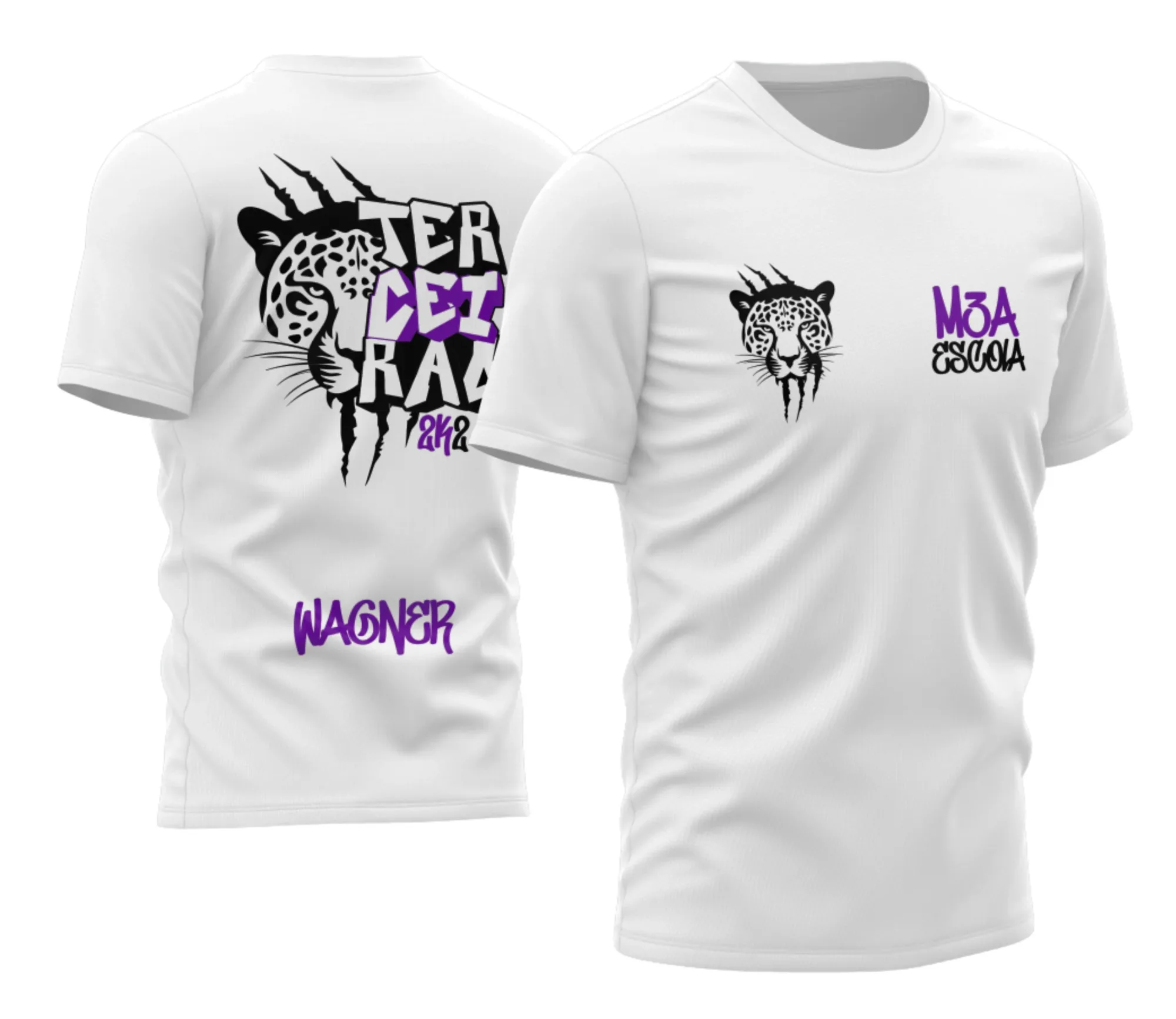 Camiseta unissex preta com logo no peito e estampa grande nas costas, tema Terceirão Onça 2026, perfeita para estudantes que querem marcar esse momento especial.