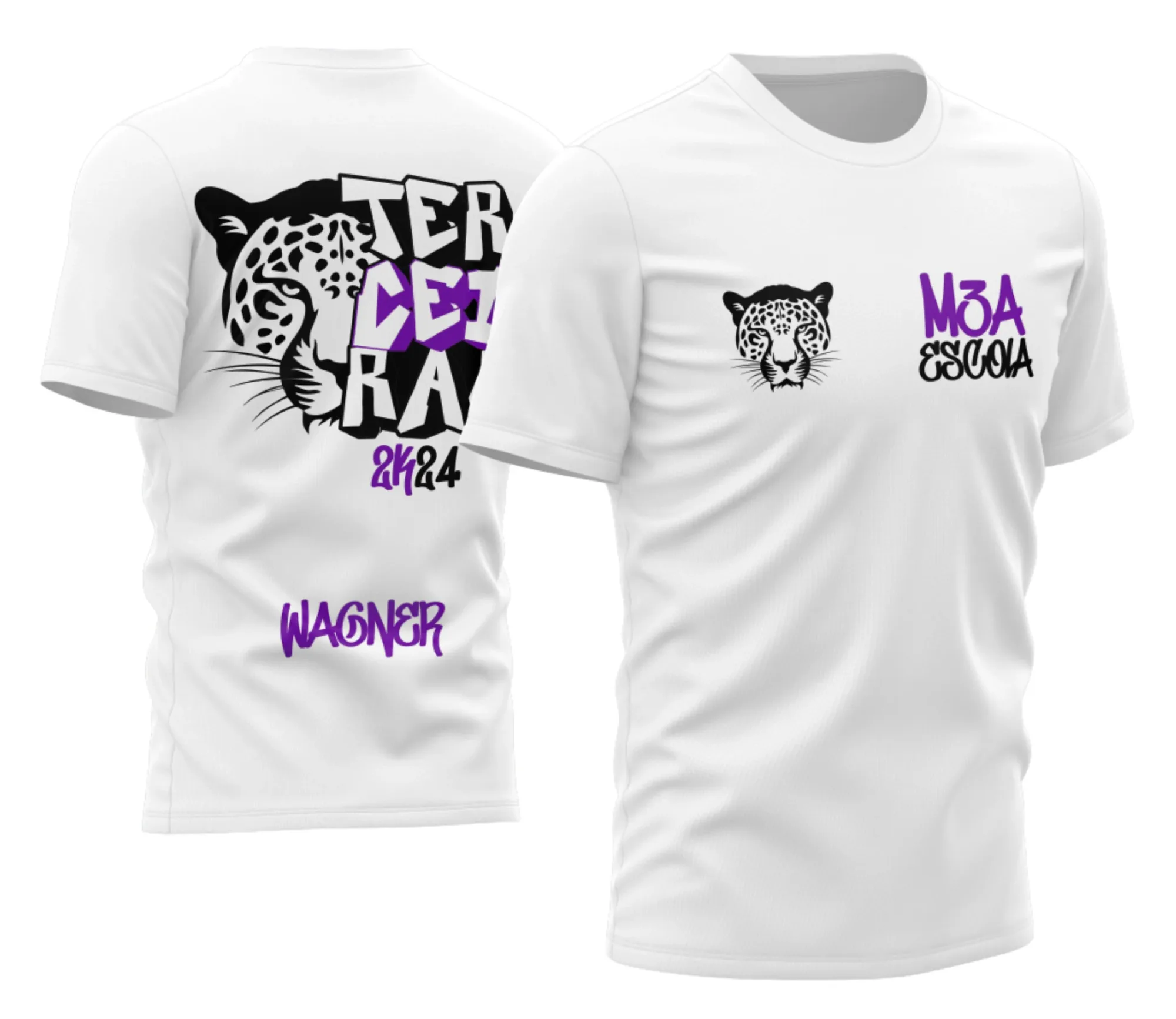 Camiseta unissex preta com logo no peito e estampa grande nas costas inspirada em Onça Terceirão 2026, com design moderno e impactante para estudantes da turma do último ano.