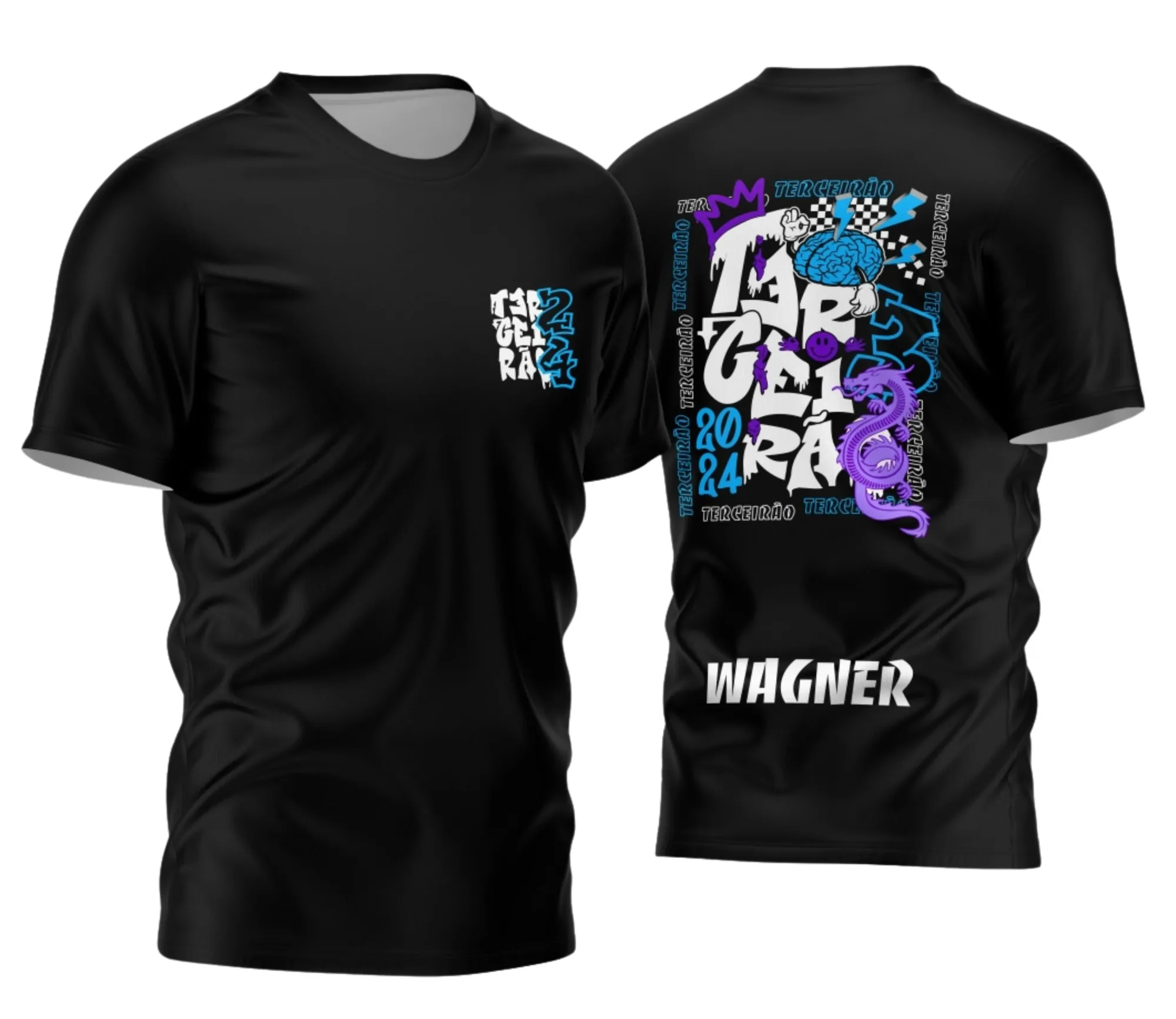 Foto de camiseta unissex preta com logo no peito e estampa grande nas costas mostrando um dragão estilizado em graffiti, ideal para fãs de estilo urbano e turma de terceirão.