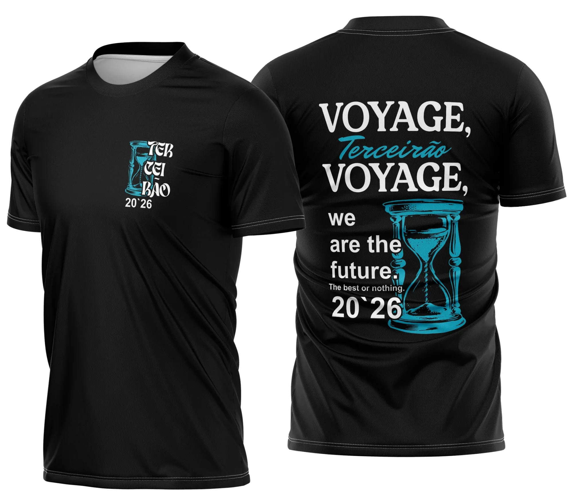Camiseta unissex preta com logo no peito e estampa grande nas costas com tema Terceirão Ampulheta Voyage, perfeita para reunião de turma, estilo moderno e confortável