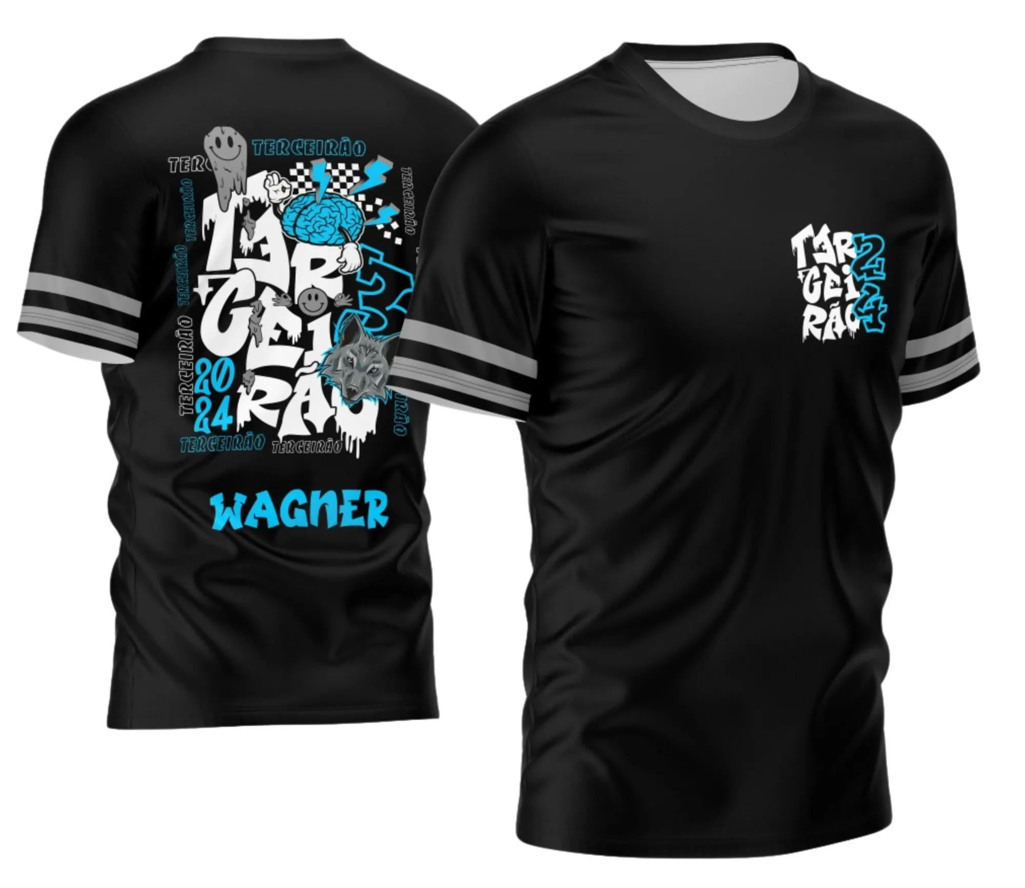 Camiseta unissex preta com logo no peito e estampa grande nas costas com o tema Terceirão 2026 Lobo Cinza, design moderno e estiloso para estudantes em fase de conclusão do ensino médio.