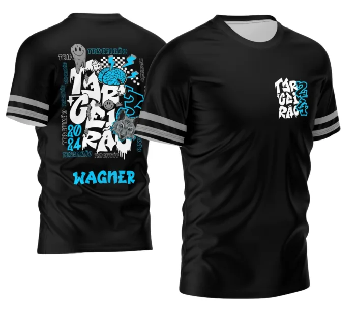 Camiseta unissex preta com logo no peito e estampa grande nas costas com o tema Terceirão 2026 Lobo Cinza, design moderno e estiloso para estudantes em fase de conclusão do ensino médio.