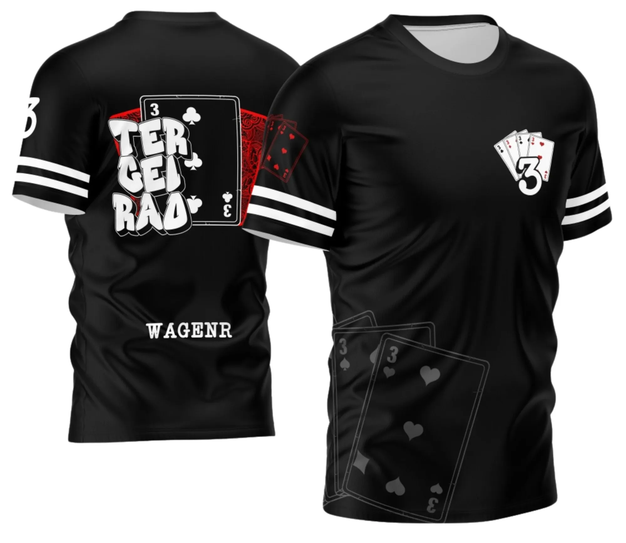 Camiseta unissex preta com logo no peito e estampa grande nas costas mostrando nipes de cartas, ideal para turma do Terceirão.