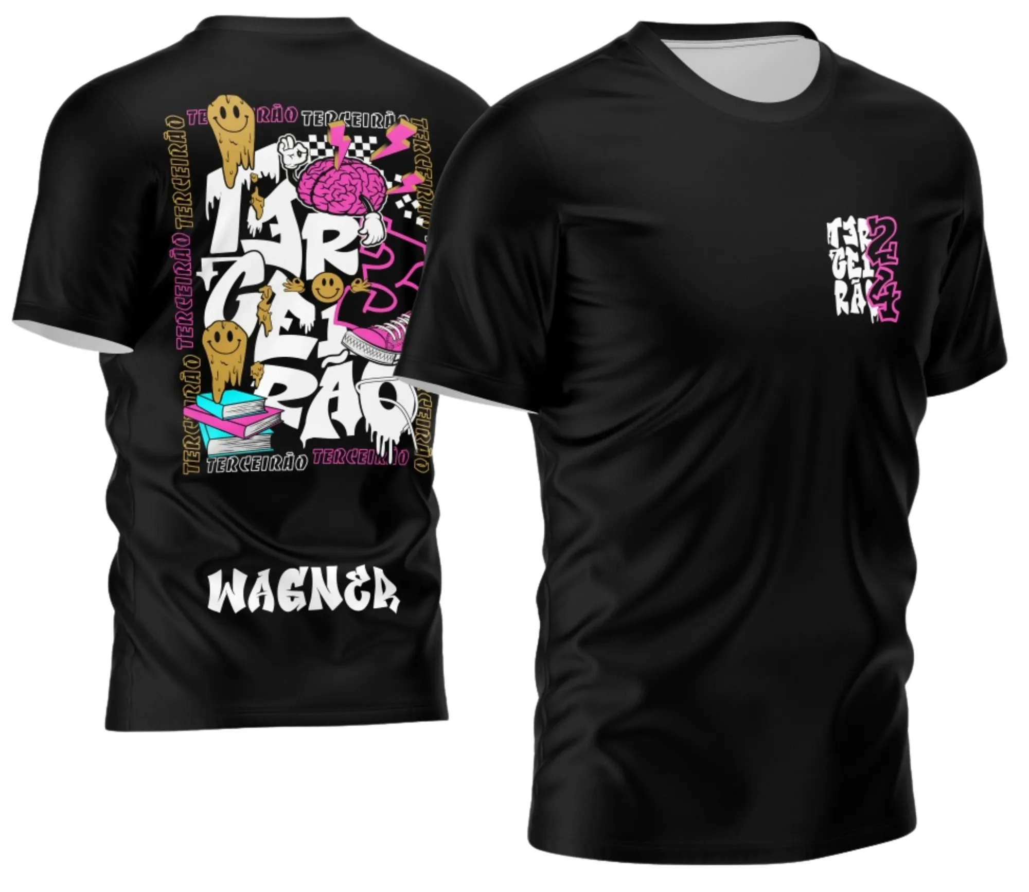 Camiseta unissex preta com logo no peito e estampa grande nas costas, tema Terceirão Estilo Inovador, design moderno e impactante, perfeita para estudantes celebrando o último ano escolar.