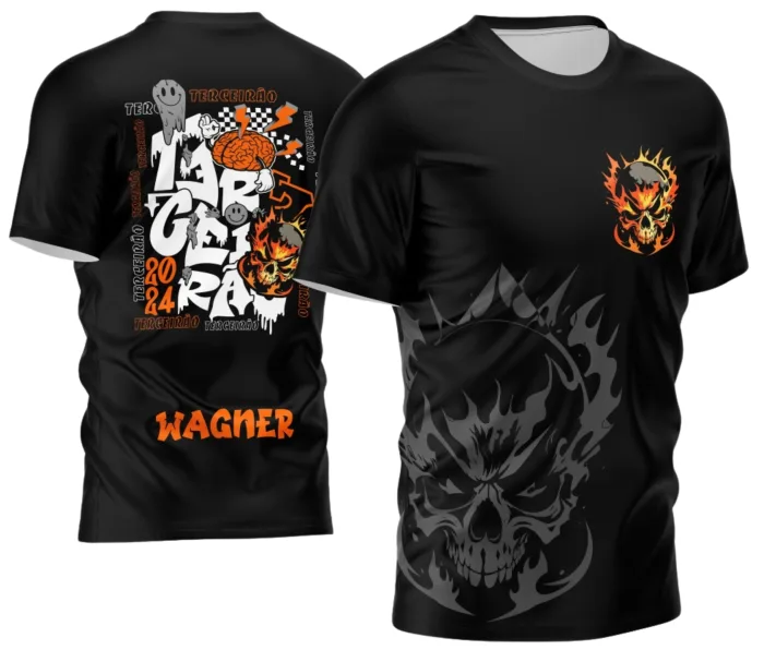 Camiseta unissex preta com logo no peito e estampa grande nas costas apresentando o tema Terceirão 2026 Caveira Impacto, perfeita para estudantes que querem marcar esse momento especial.