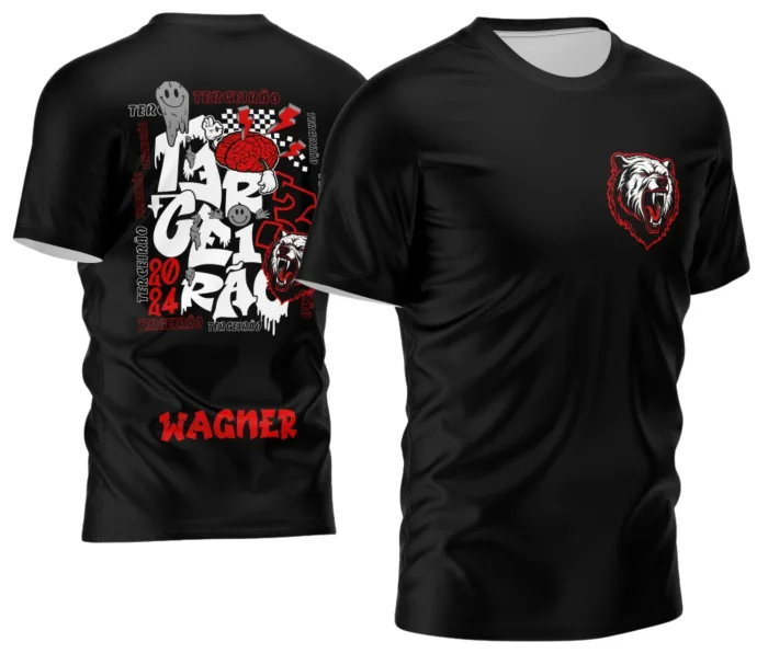Camiseta unissex preta com logo no peito e estampa grande nas costas do Urso Intenso, tema Terceirão 2026, ideal para estudantes comemorarem juntos
