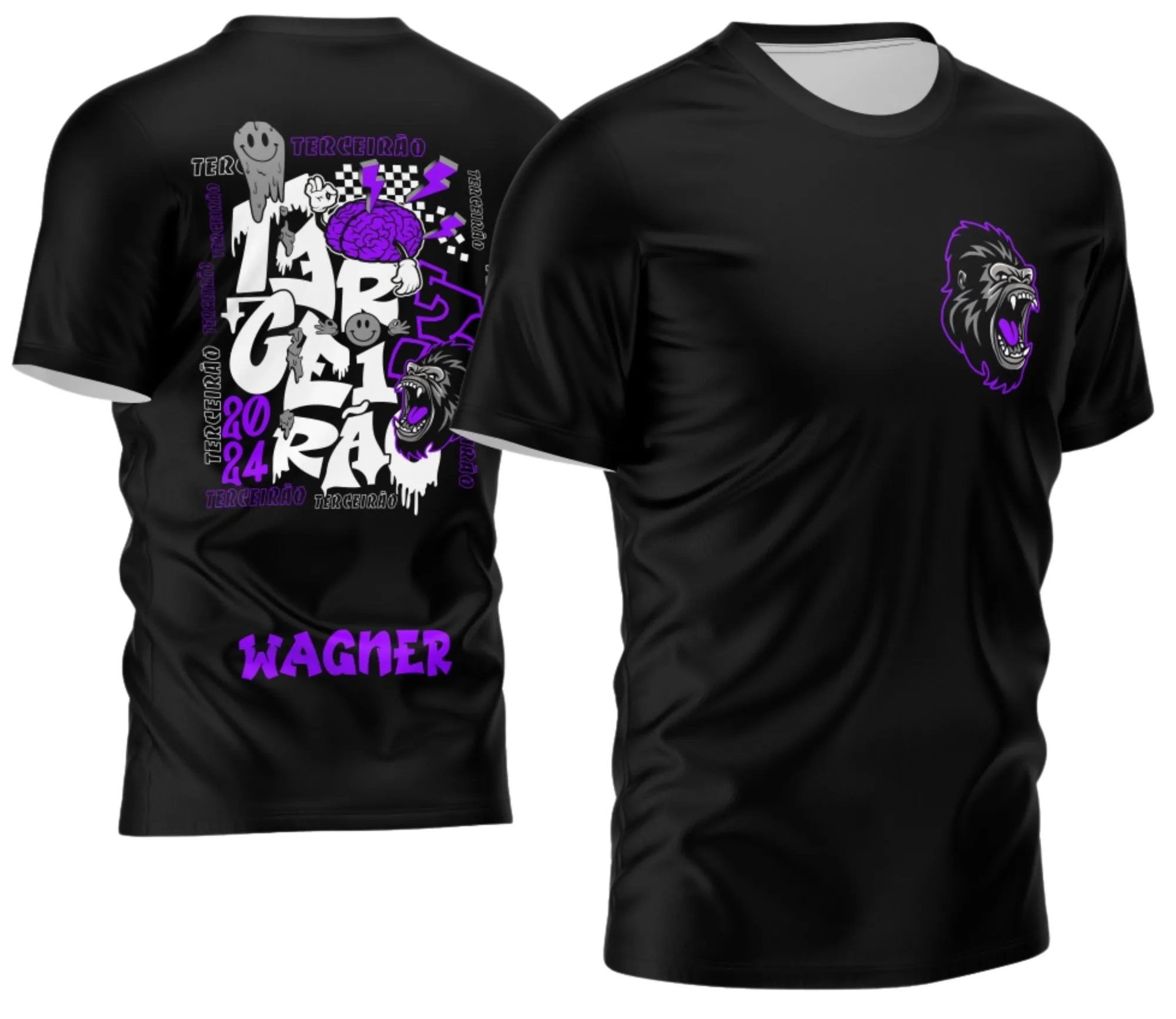 Camiseta unissex preta com logo no peito e estampa grande nas costas com design de gorila inspirado no Terceirão 2026, estilo único e marcante.