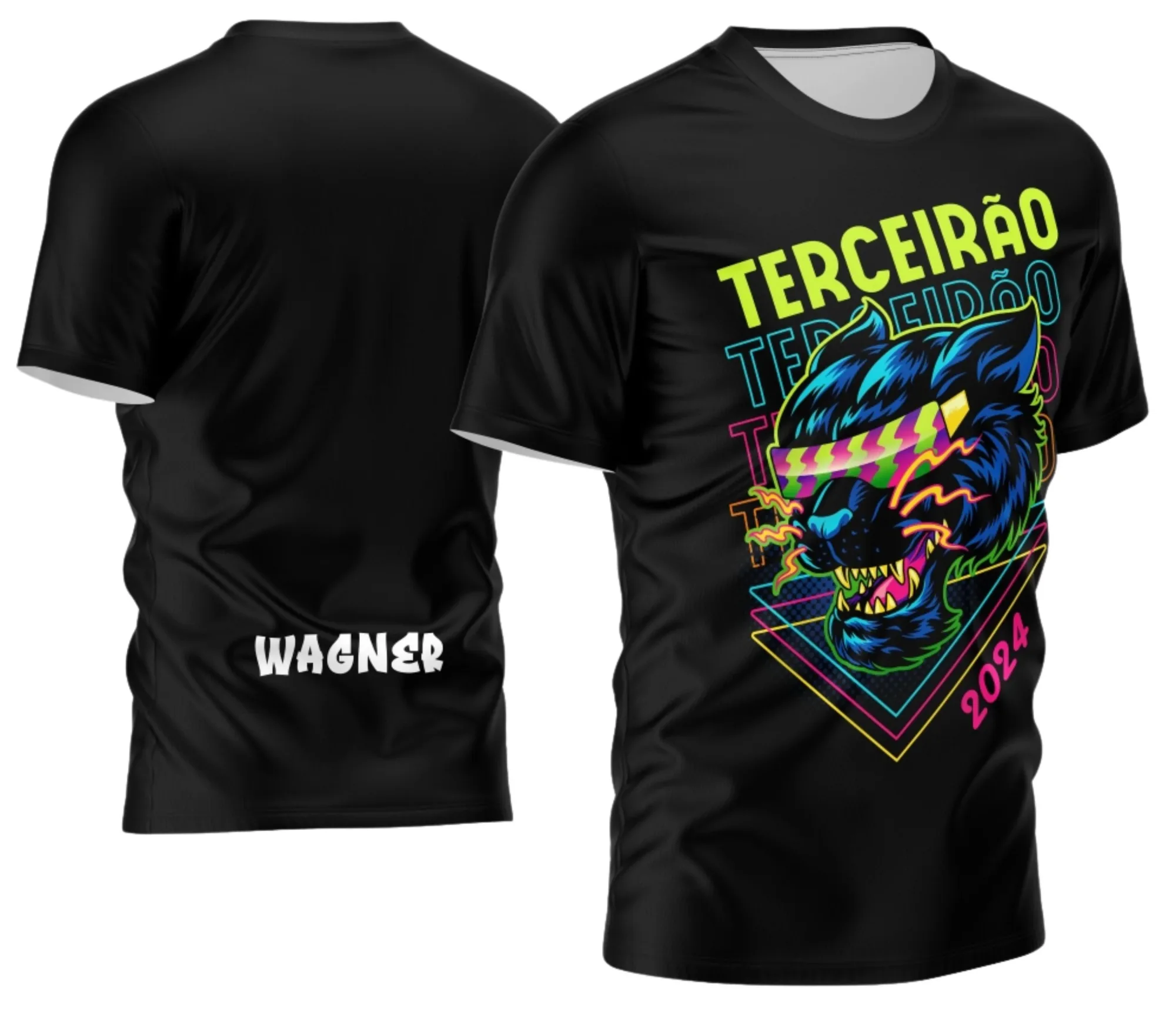 Camiseta unissex preta com logo no peito e estampa grande nas costas do Terceirão Novo Estilo, ideal para alunos, feita para quem quer estilo e identidade na frente e atrás.