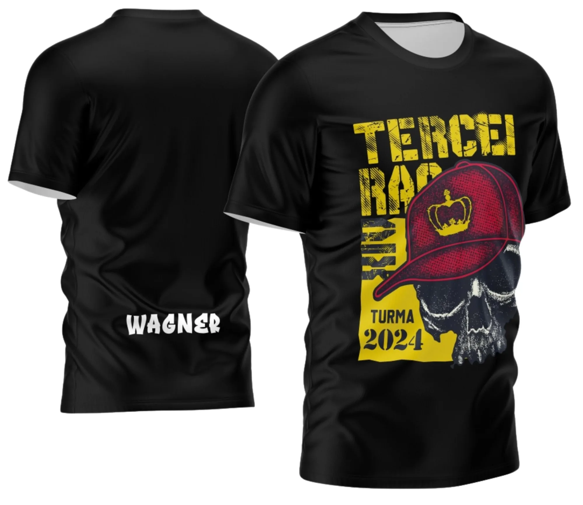 Camiseta unissex preta com logo no peito e estampa grande nas costas com tema Estilo Terceirão Exclusivo, perfeita para estudantes comemorarem a formatura com estilo e identidade única.