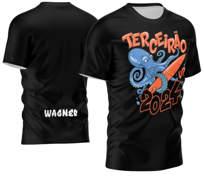 Camiseta unissex preta com logo no peito e estampa grande nas costas no estilo Terceirão exclusivo modelo 2, perfeita para festas de formatura e encontros de turma.
