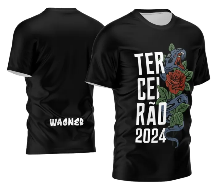 Camiseta unissex preta com logo no peito e estampa grande nas costas com tema Terceirão Estilo Moderno, design atual e visual marcante para estudantes.