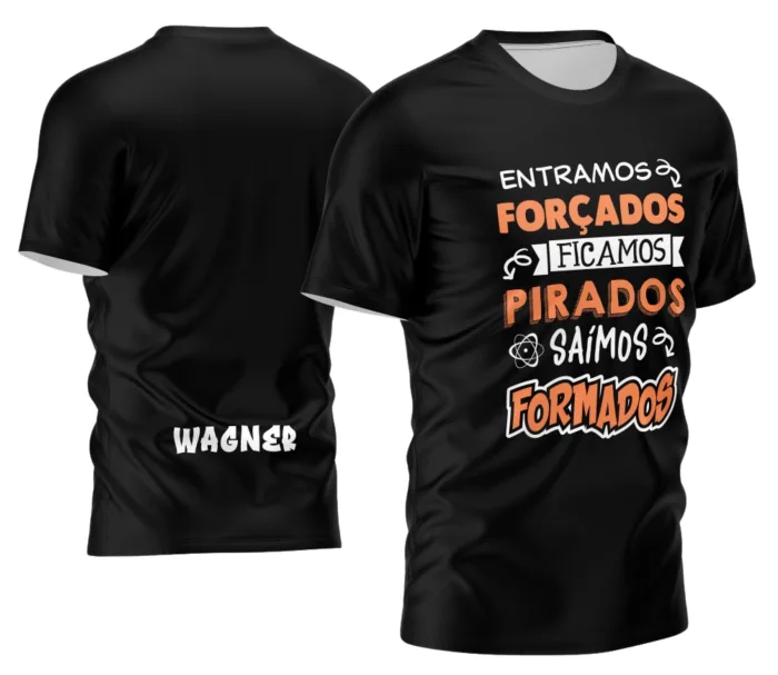 Camiseta preta unissex com logo no peito e estampa grande nas costas com tema Terceirão Estilo Jovem, estilo moderno e casual para estudantes.