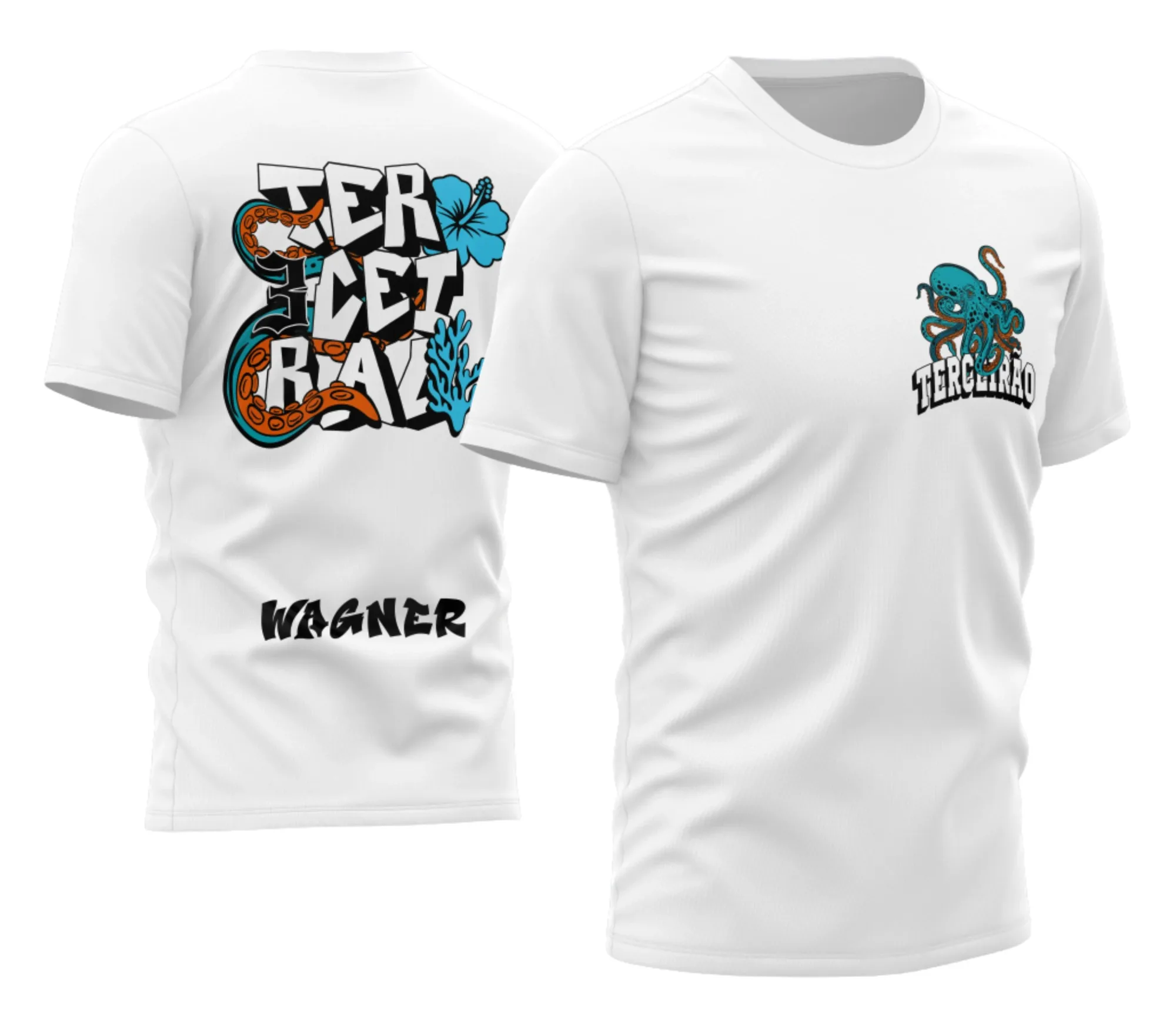 Camiseta preta unissex com logo no peito e estampa grande nas costas mostrando design de polvo para Terceirão 2026, visual moderno e marcante para estudantes celebrando essa fase.