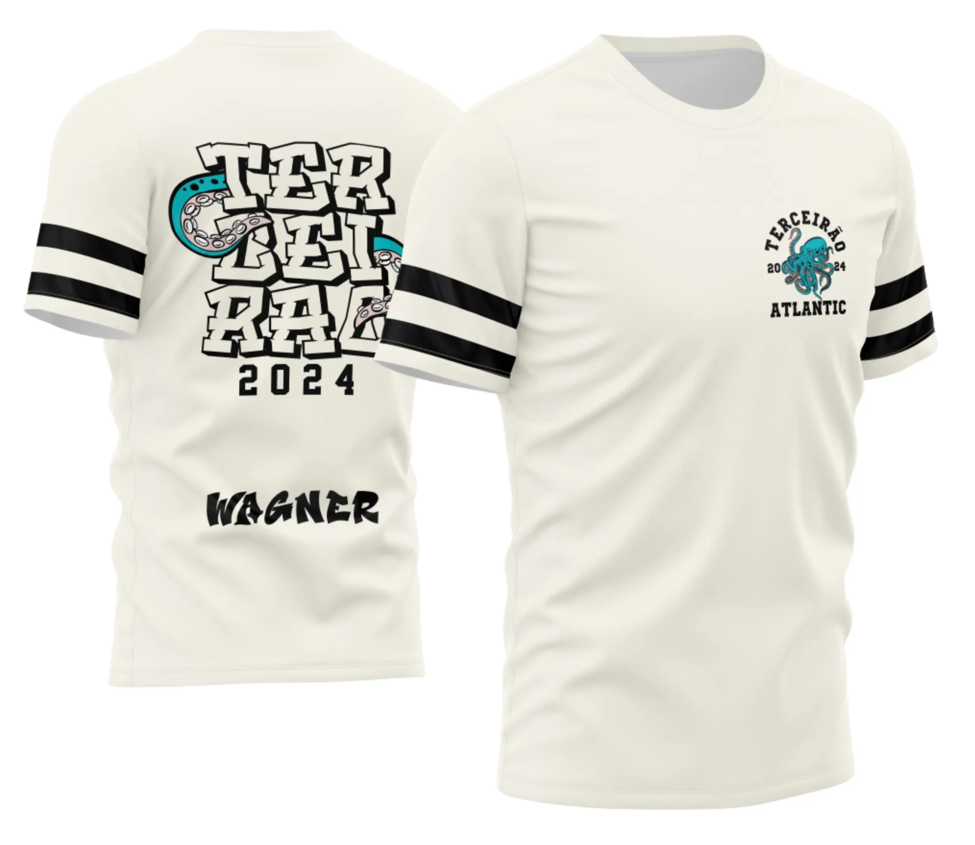 Camiseta unissex preta com logo no peito e estampa grande nas costas com tema Terceirão 2026 Polvo Criativa, design moderno e marcante para estudantes que querem se destacar.