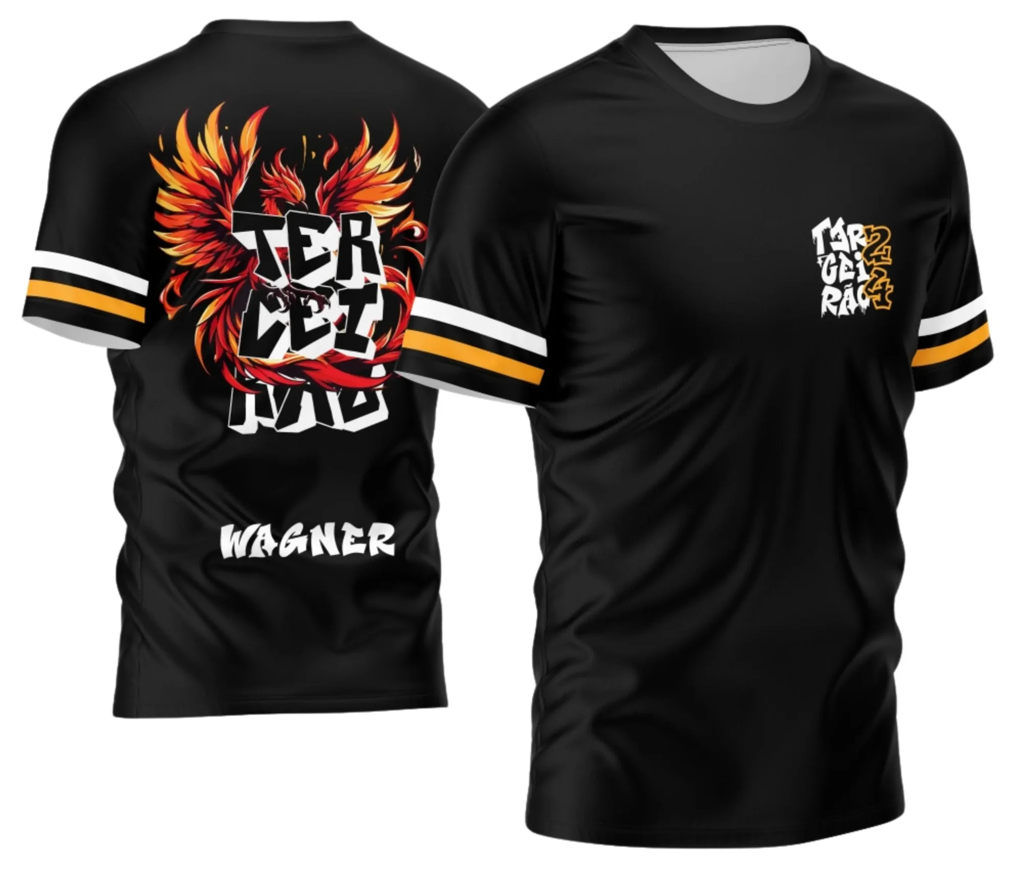 Camiseta unissex preta com logo no peito e estampa grande nas costas, tema Terceirão 2026 Fenix, ideal para quem quer marcar a formatura com estilo e personalidade.