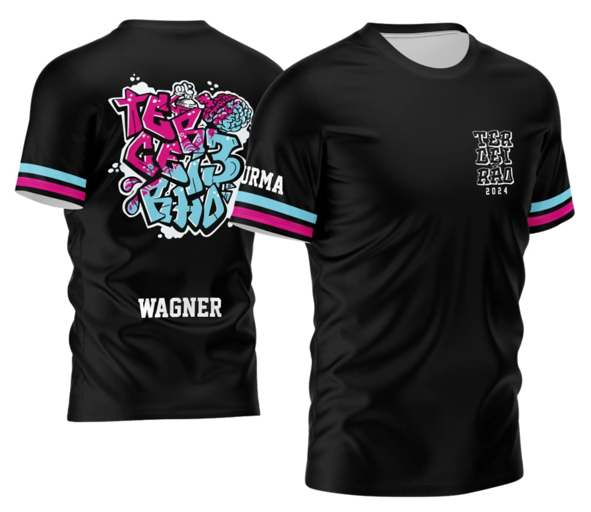 Foto da camiseta preta unissex com logo no peito e estampa grande nas costas com tema Terceirão 2026 Cérebro Spray, design moderno e ousado, ideal para estudantes concluindo o ensino médio.