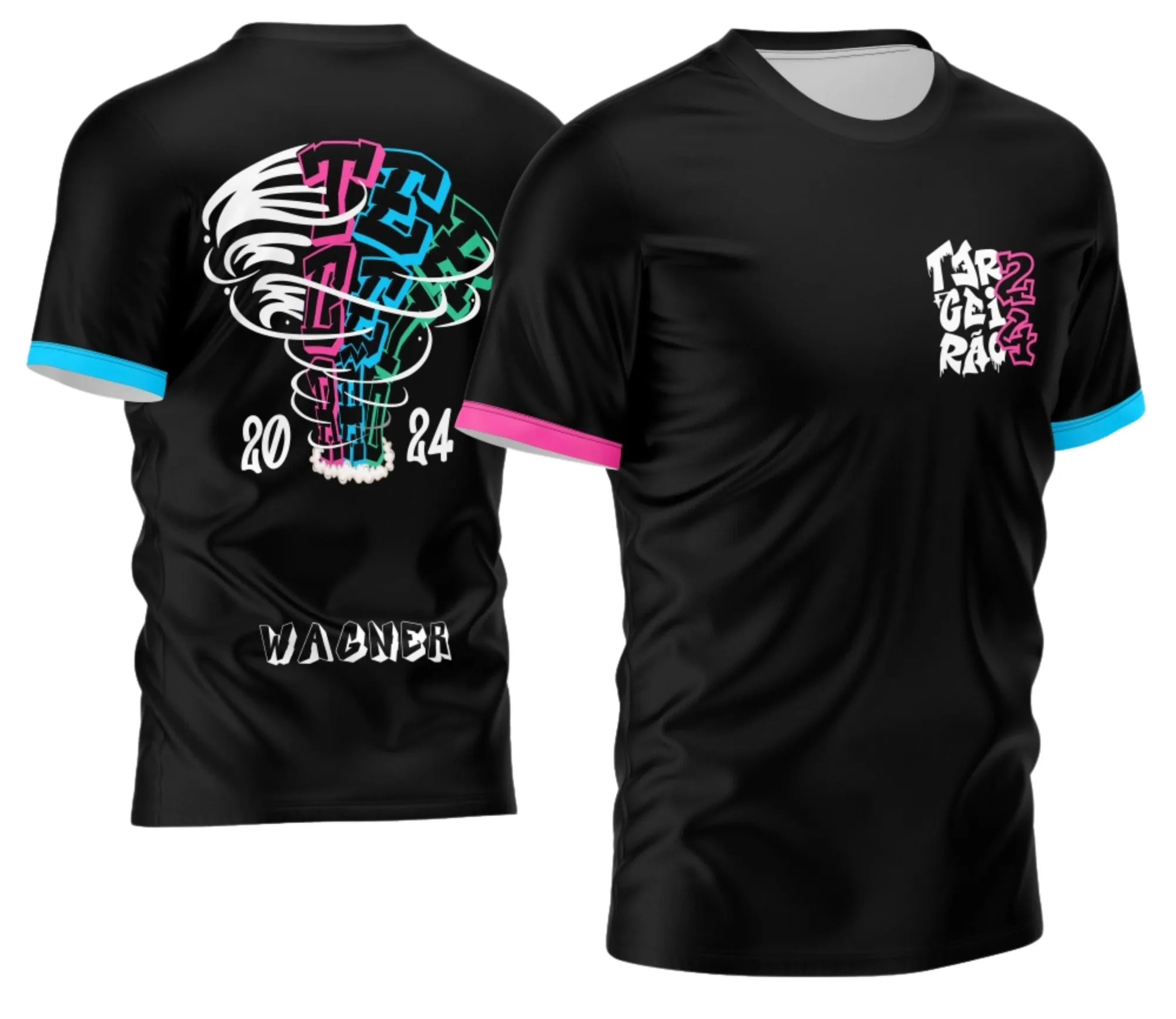 Camiseta unissex preta com logo no peito e estampa grande nas costas de camisa Terceirão 2026 modelo furacão personalizada, ideal para estudantes e eventos especiais.