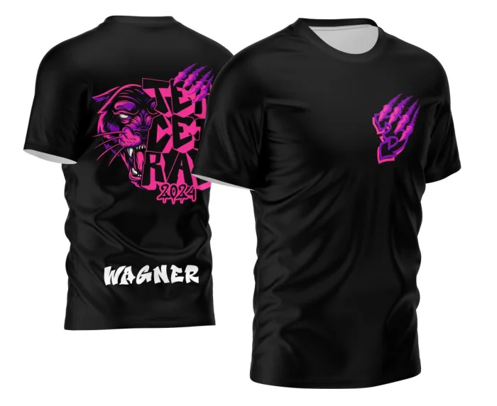 Camiseta unissex preta com logo no peito e estampa grande nas costas, tema Terceirão 2026 Pantera Impactante, perfeita para quem quer estilo marcante na escola.