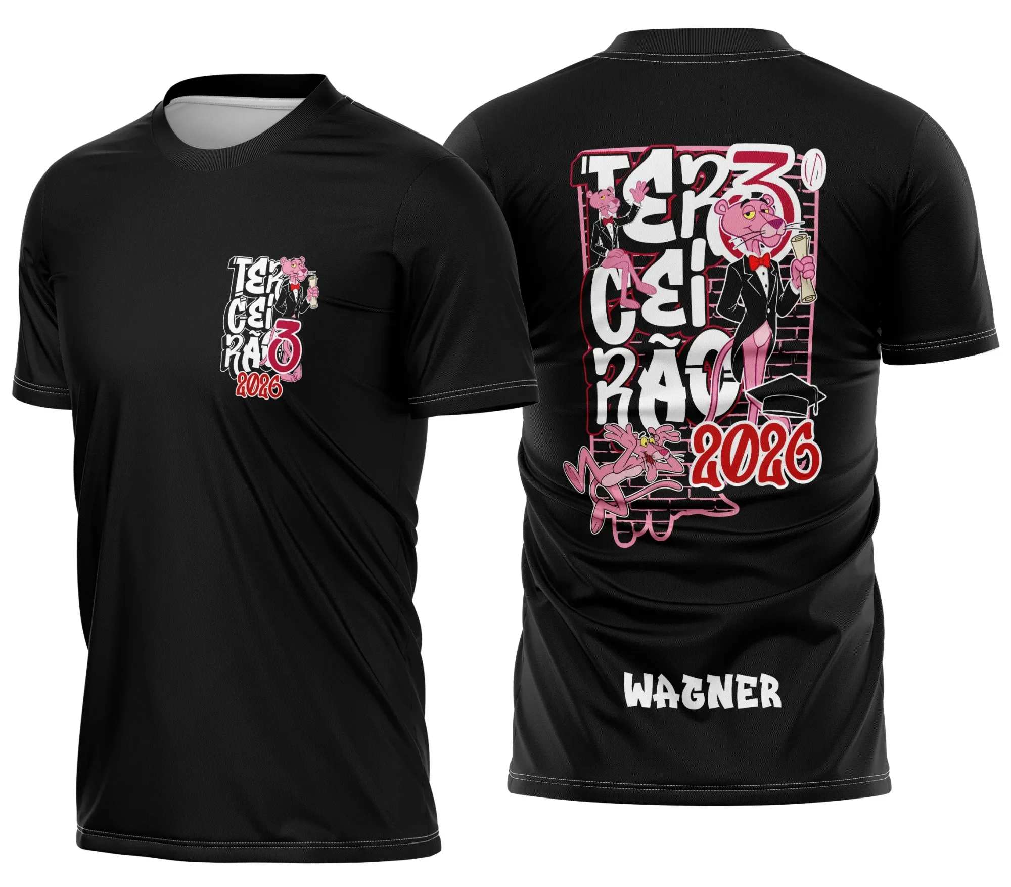 Camiseta unissex preta com logo no peito e estampa grande nas costas do Terceirão Pantera Rosa Impacto, ideal para quem busca estilo jovem e marcante.