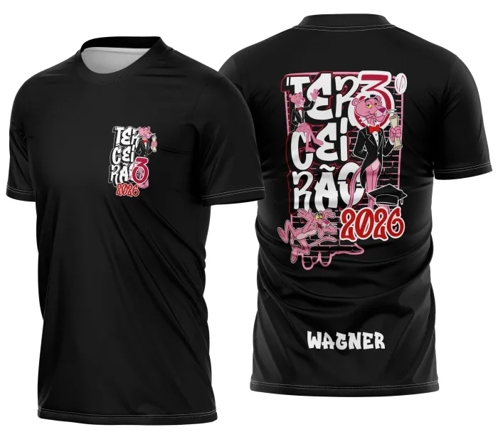 Camiseta unissex preta com logo no peito e estampa grande nas costas do Terceirão Pantera Rosa Impacto, ideal para quem busca estilo jovem e marcante.