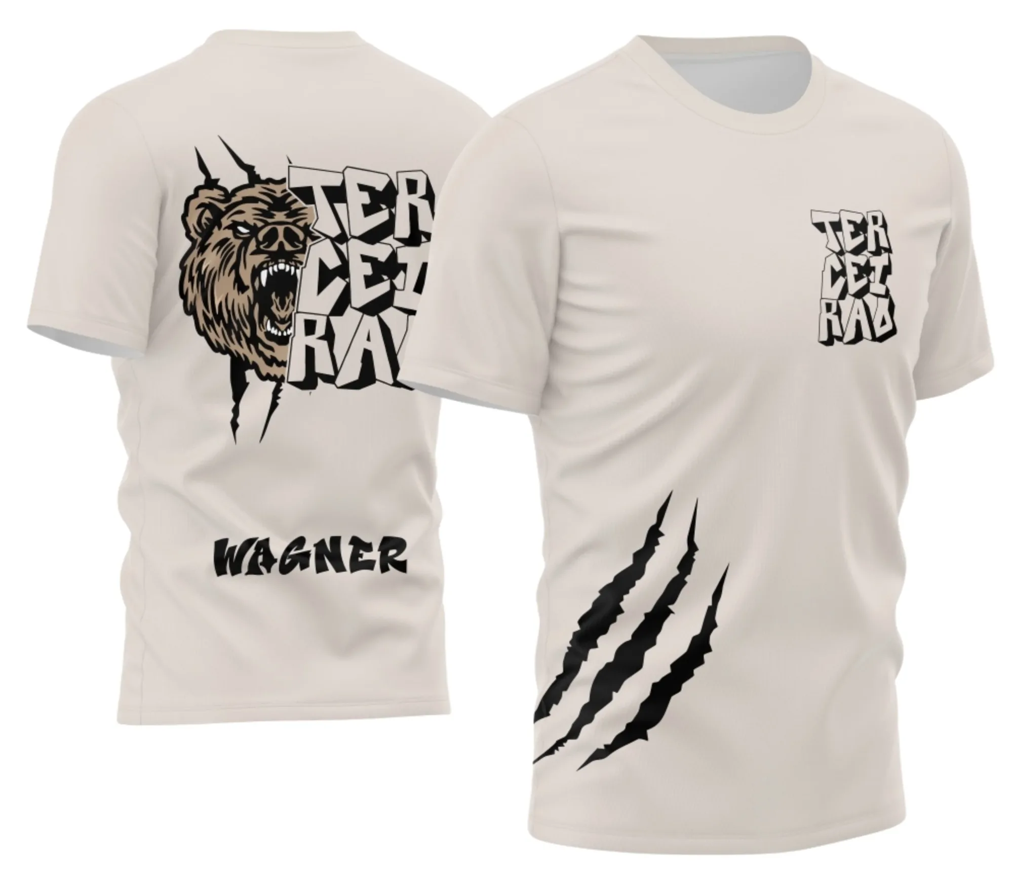 Camiseta unissex preta com logo no peito e estampa grande nas costas de urso imponente, perfeita para celebração de turma de terceirão.