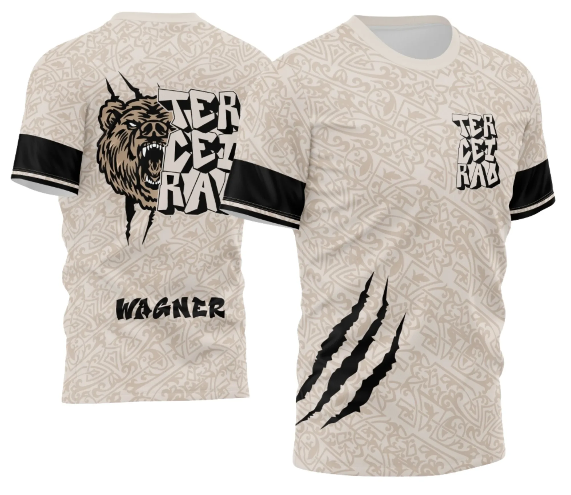 Camiseta unissex preta com logo no peito e estampa grande nas costas mostrando Terceirão com Urso, perfeito para formandos que querem estilo e identidade na roupa.