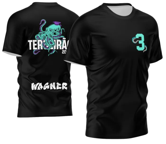 Camiseta unissex preta com logo no peito e estampa grande nas costas do Terceirão 2026 em estilo Polvo, design exclusivo para turma e eventos escolares.