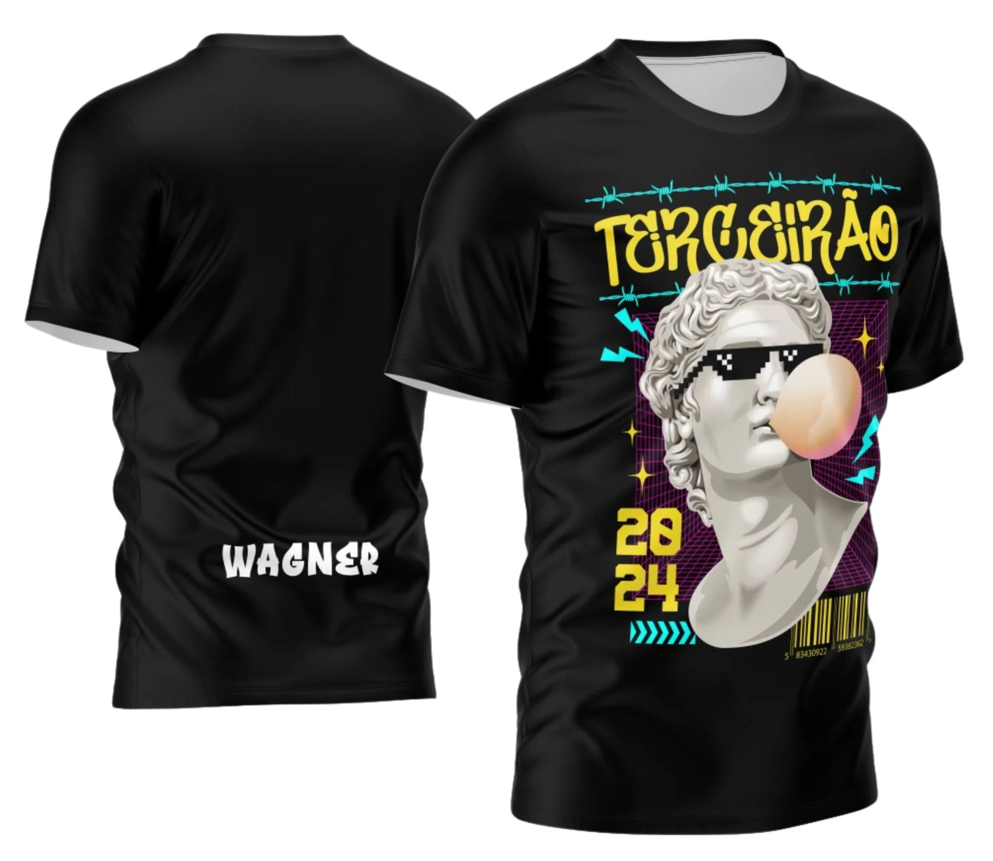 Camiseta unissex preta com logo no peito e estampa grande nas costas, tema Terceirão Estilo Exclusivo Modelo 2, visual moderno e atraente, ideal para estudantes comemorarem o último ano escolar.