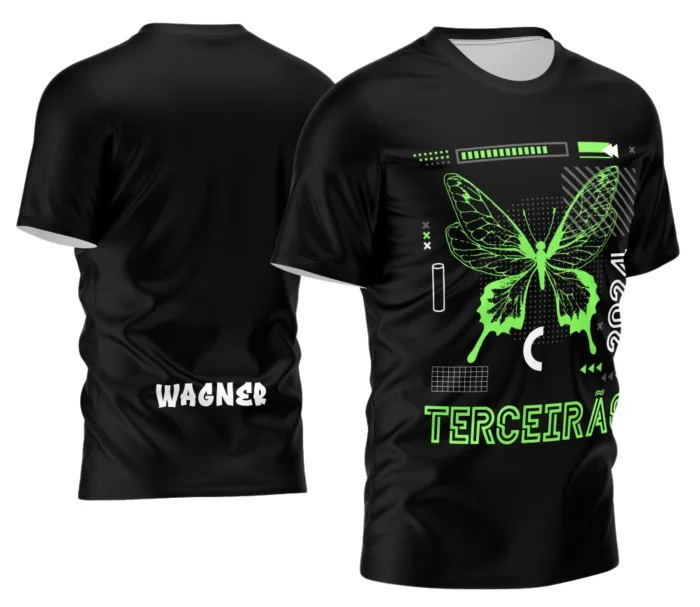 Camiseta unissex preta com logo no peito e estampa grande nas costas mostrando o estilo exclusivo do Terceirão Modelo 3, ideal para destacar a turma com design moderno e chamativo.