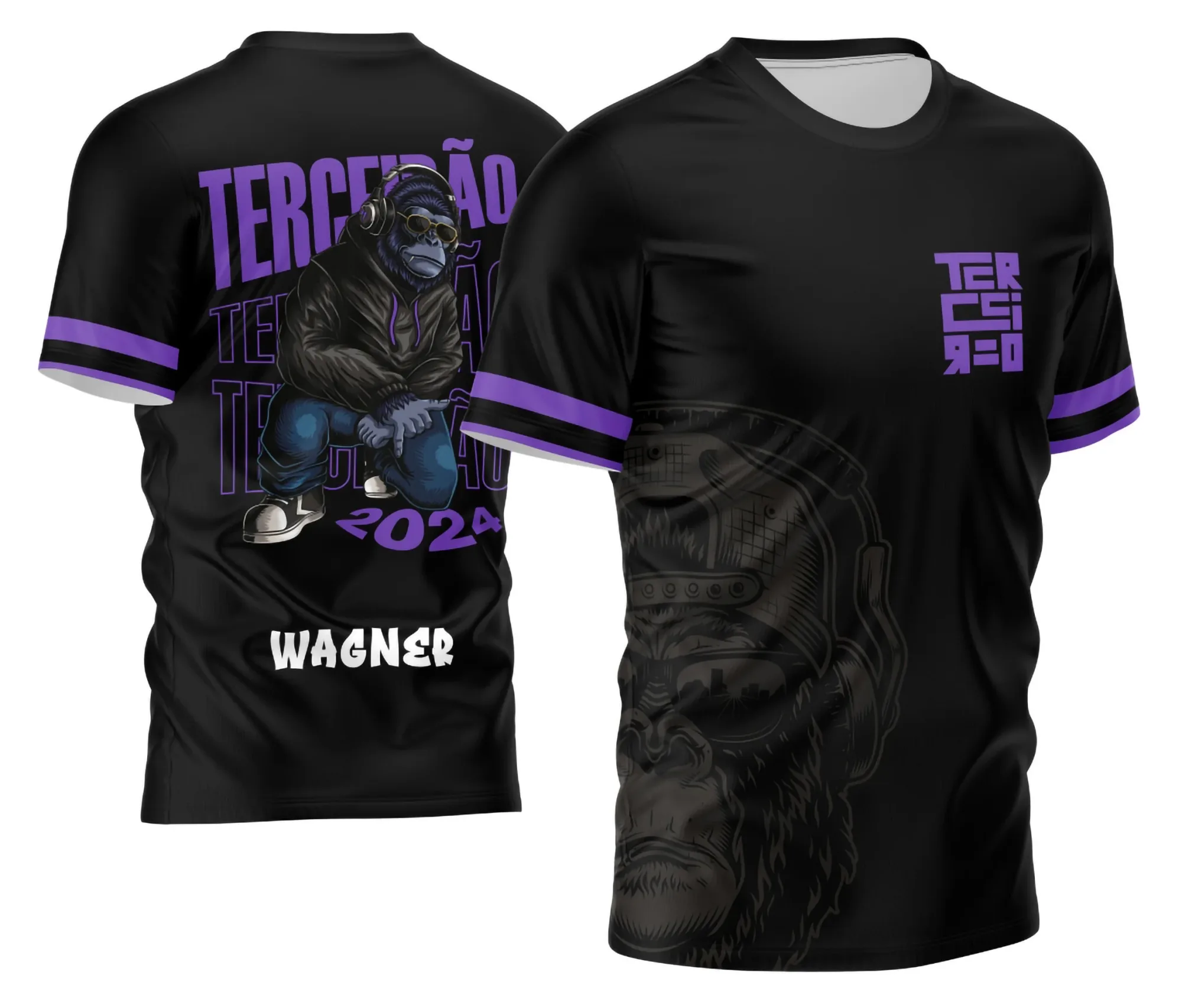 Camiseta unissex preta com logo no peito e estampa grande nas costas destacando o tema Terceirão 2026 com design diferenciado para estudantes comemorarem o último ano escolar