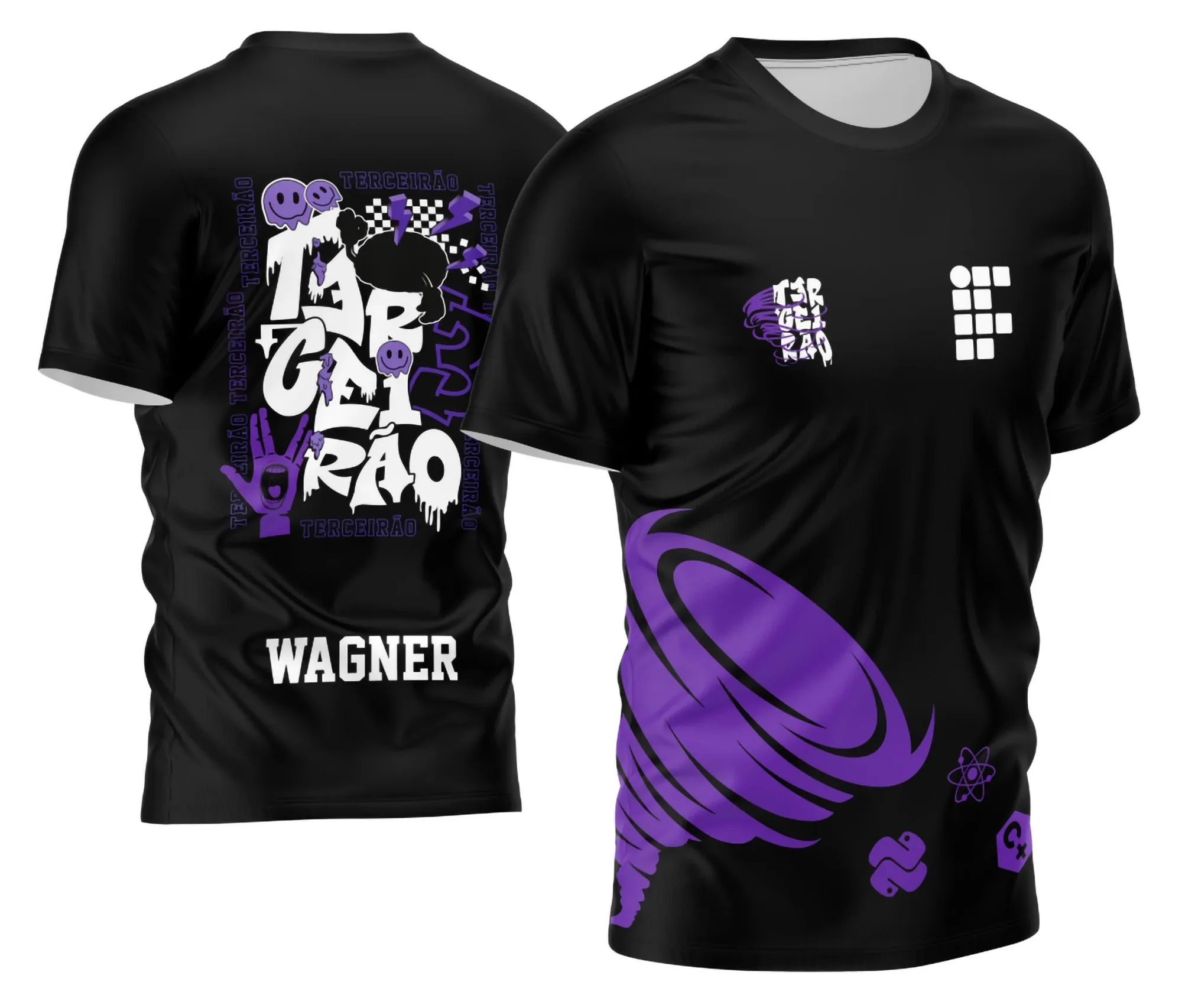 Foto da camiseta unissex preta com logo no peito e estampa grande nas costas temática do Terceirão 2026 Furacão, ideal para estudantes que querem marcar essa fase com estilo e personalidade.