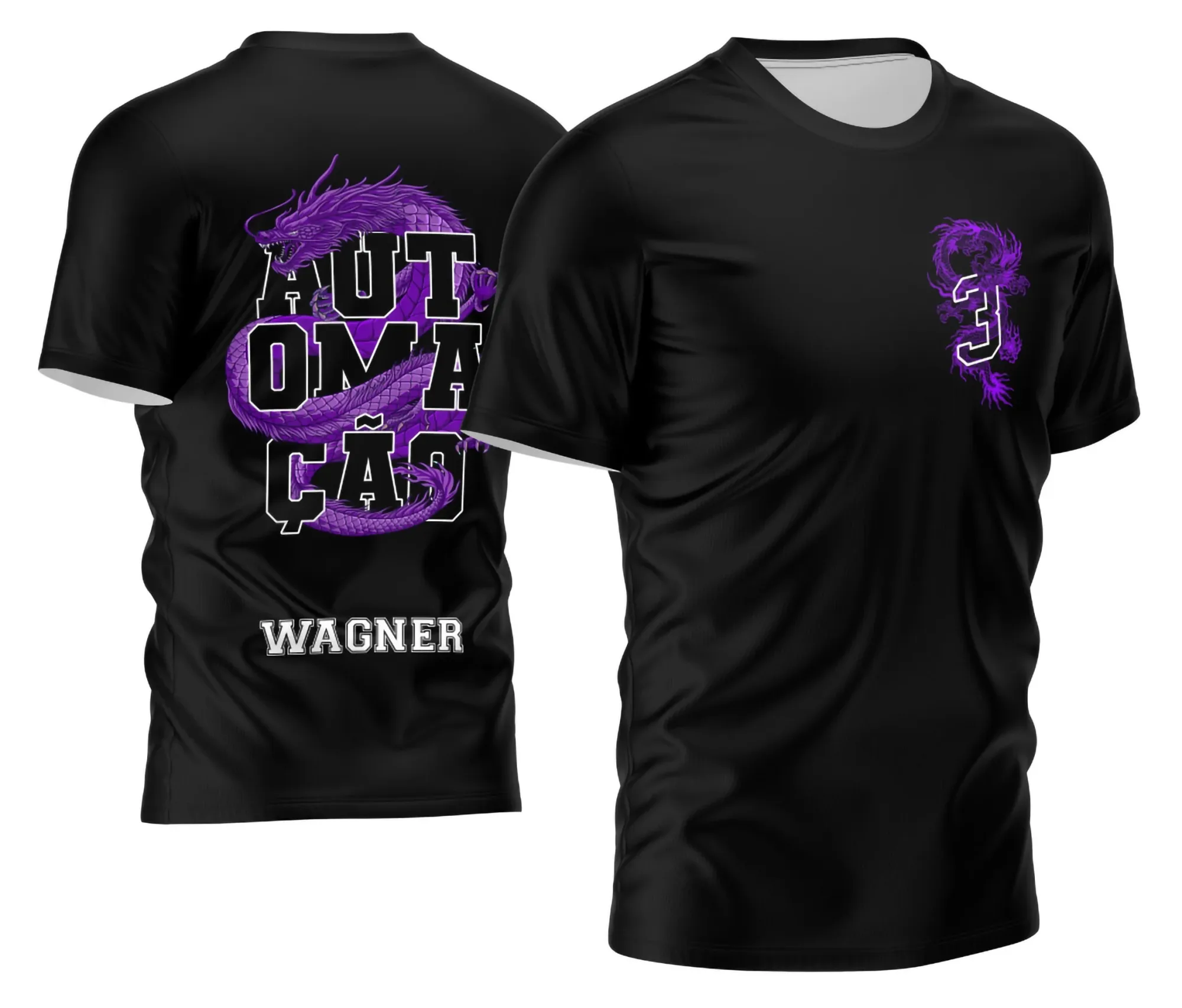 Camiseta unissex preta com logo no peito e estampa grande nas costas do Terceirão Dragão Roxo com letreiro marcante e visual moderno.