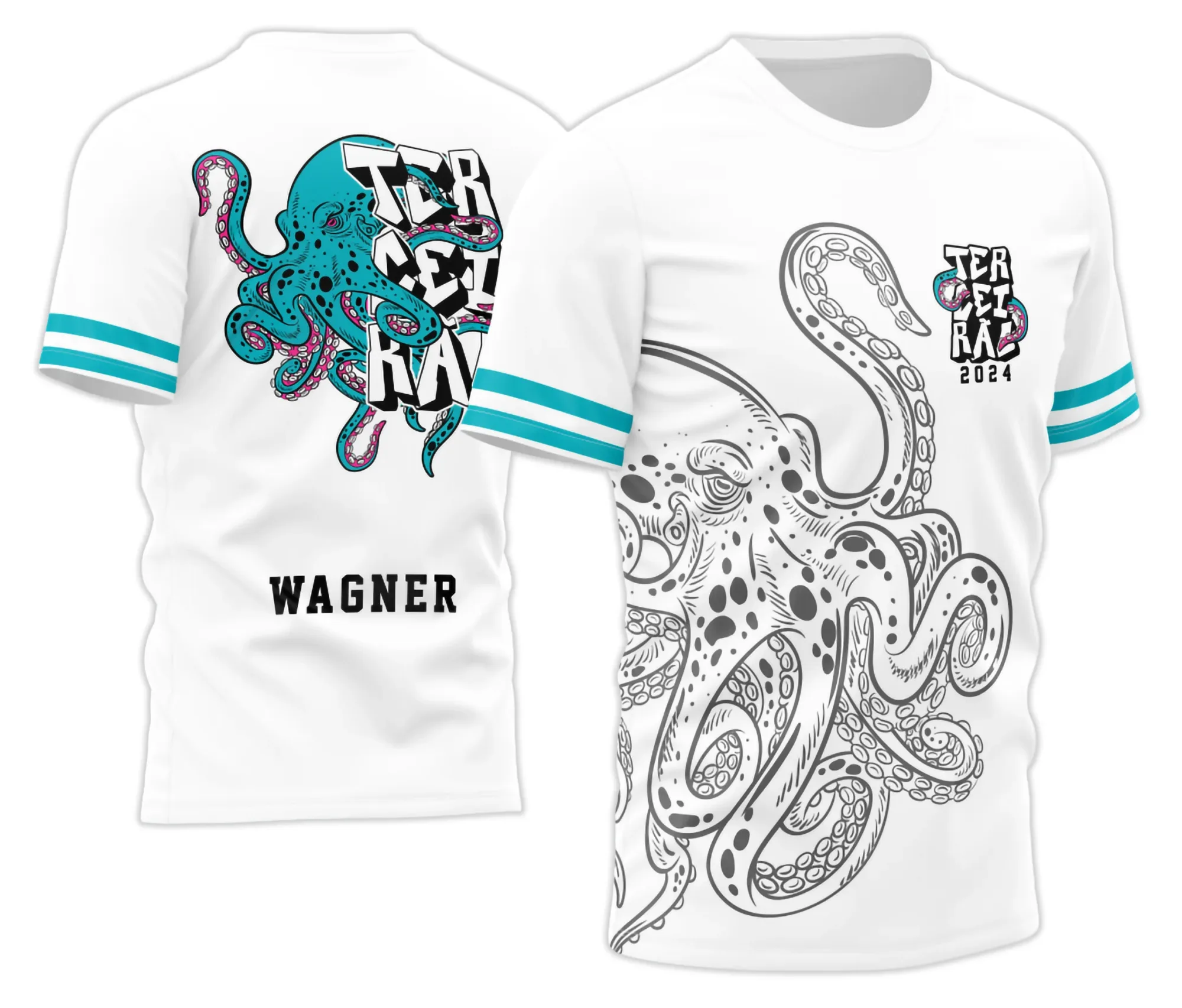 Camiseta unissex preta com logo no peito e estampa grande nas costas apresentando um polvo criativo em estilo moderno, perfeita para turma do Terceirão 2026.