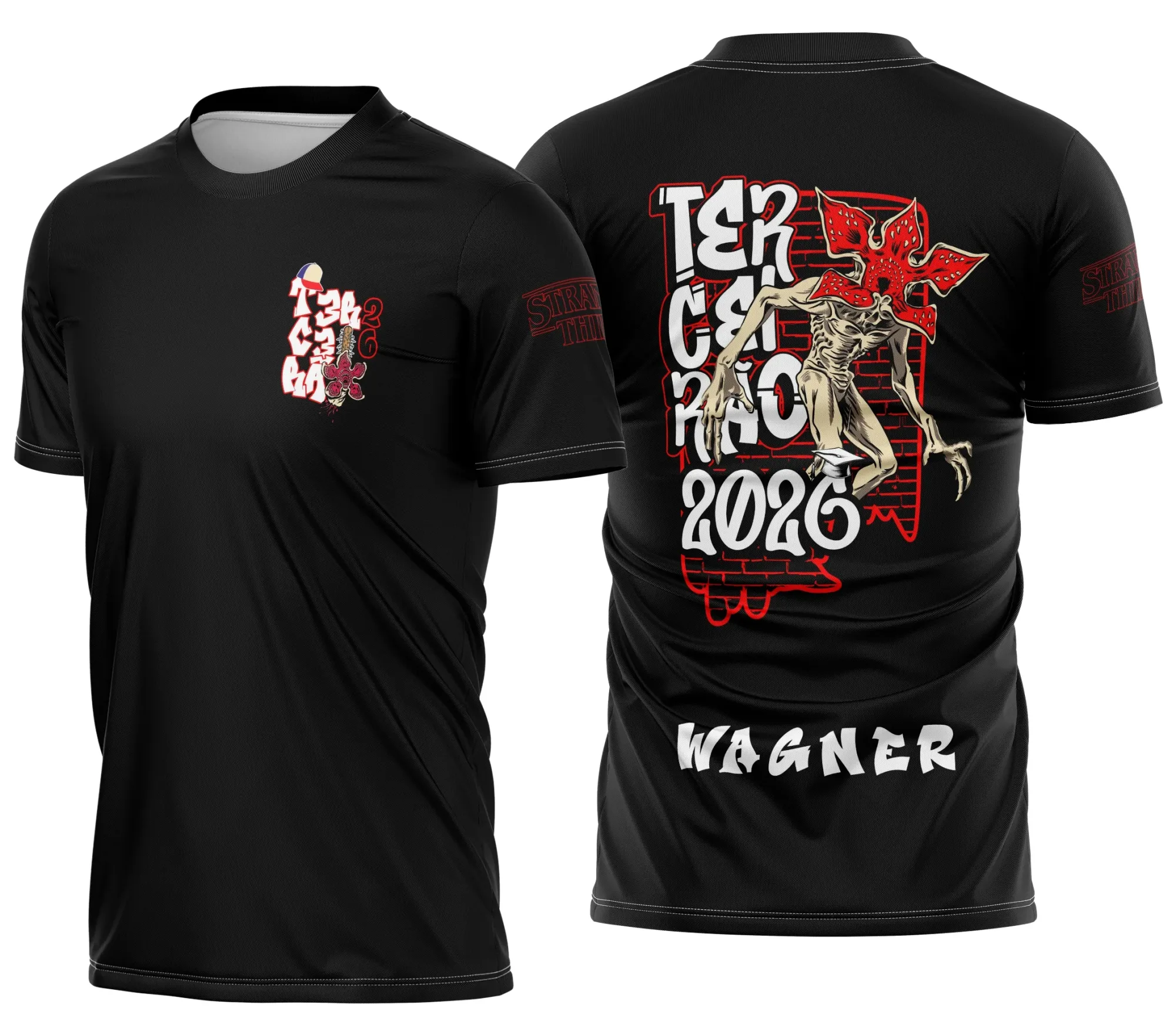 Camiseta unissex preta com logo no peito e estampa grande nas costas do Demogorgon imponente do Terceirão Stranger Things.