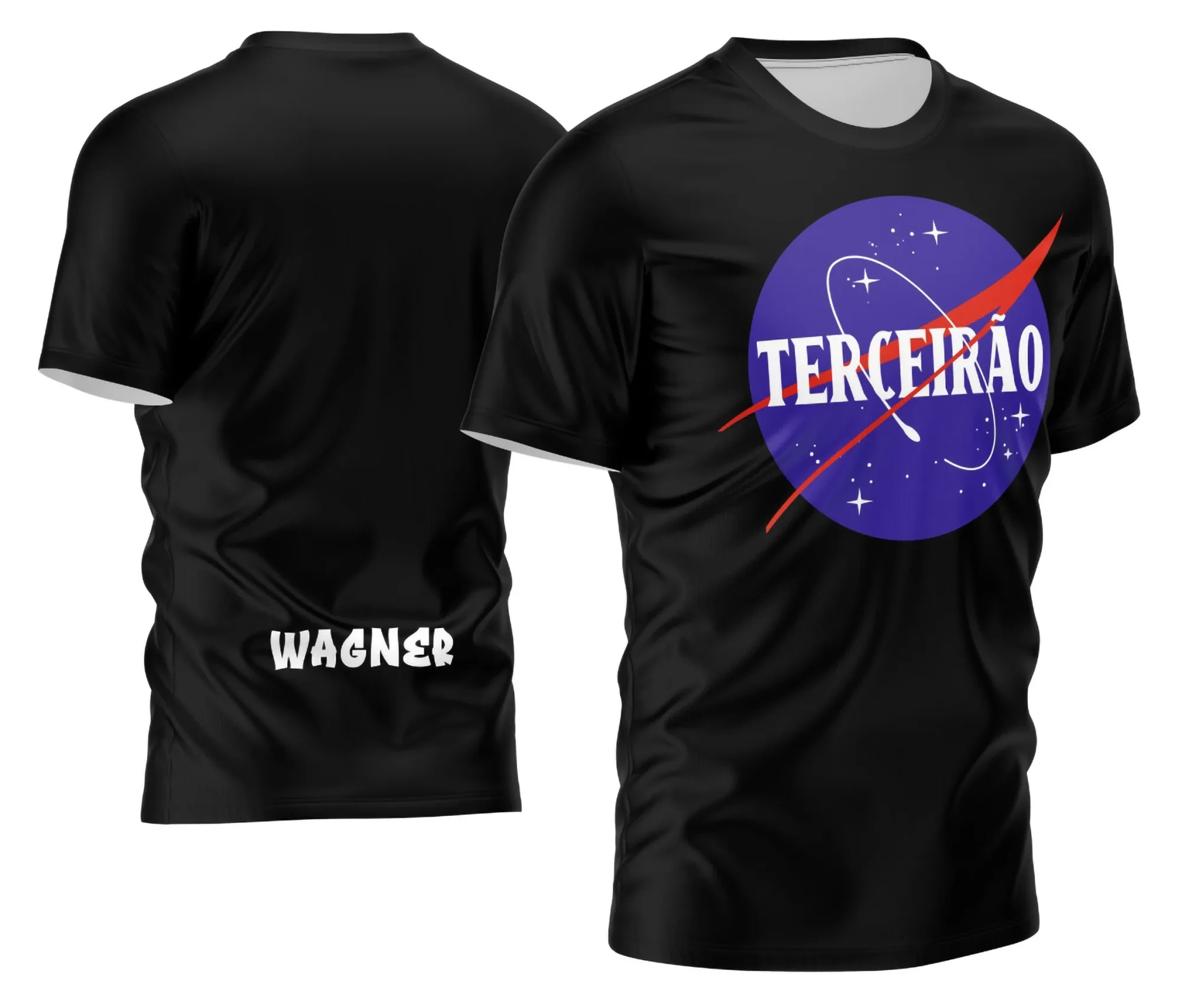 Camiseta unissex preta com logo no peito e estampa grande nas costas do Terceirão Estilo Único modelo 4, trazendo visual moderno e marcante para estudantes.