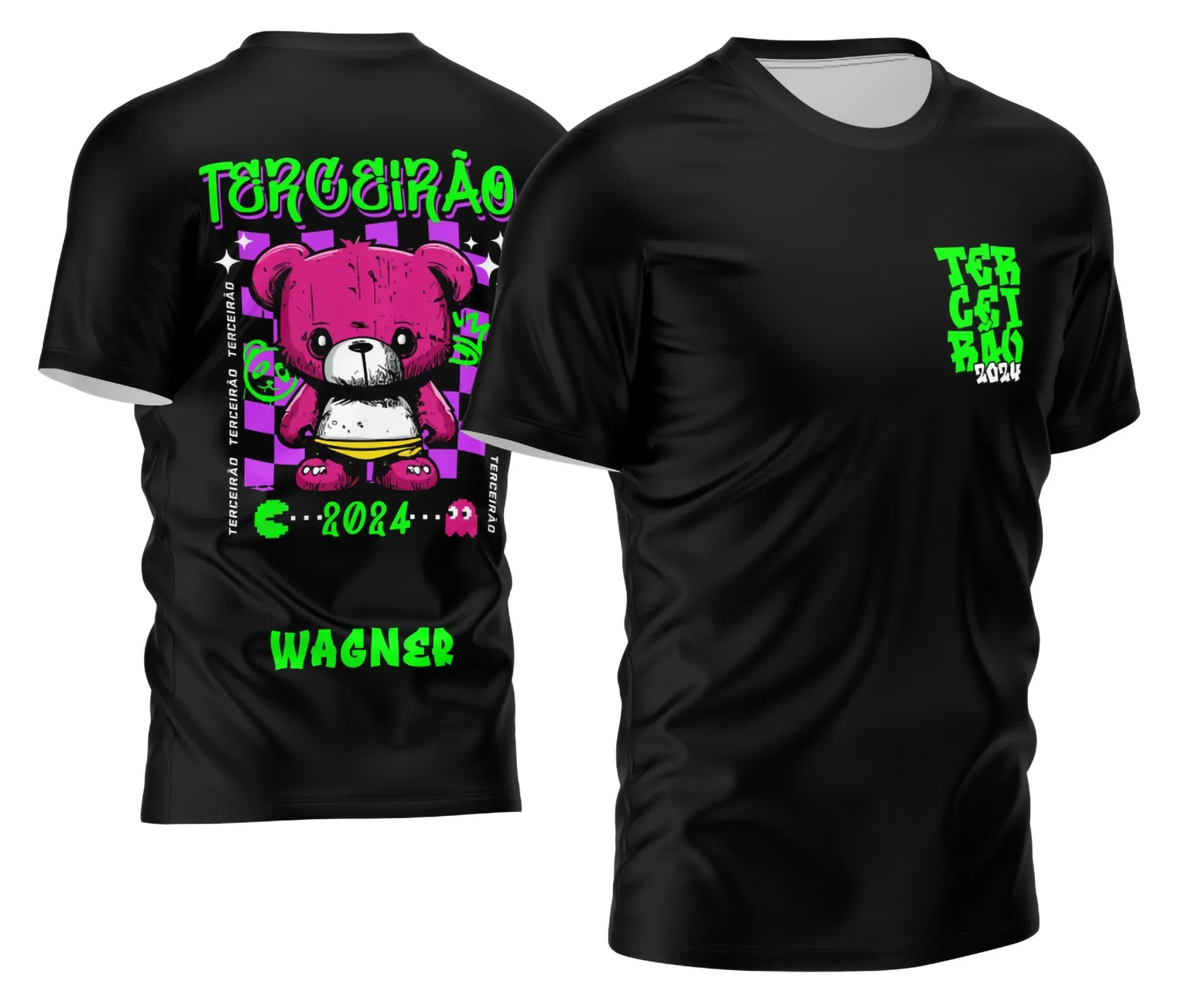 Camiseta unissex branca com logo no peito e estampa grande nas costas com tema personalizada para camisa Terceirão, detalhe moderno e vibrante, ideal para celebrar a formação.