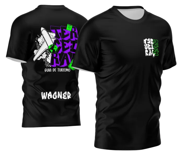 Camiseta unissex preta com logo no peito e estampa grande nas costas com o tema Terceirão Turismo, ideal para marcar a despedida da turma com estilo e identidade única.
