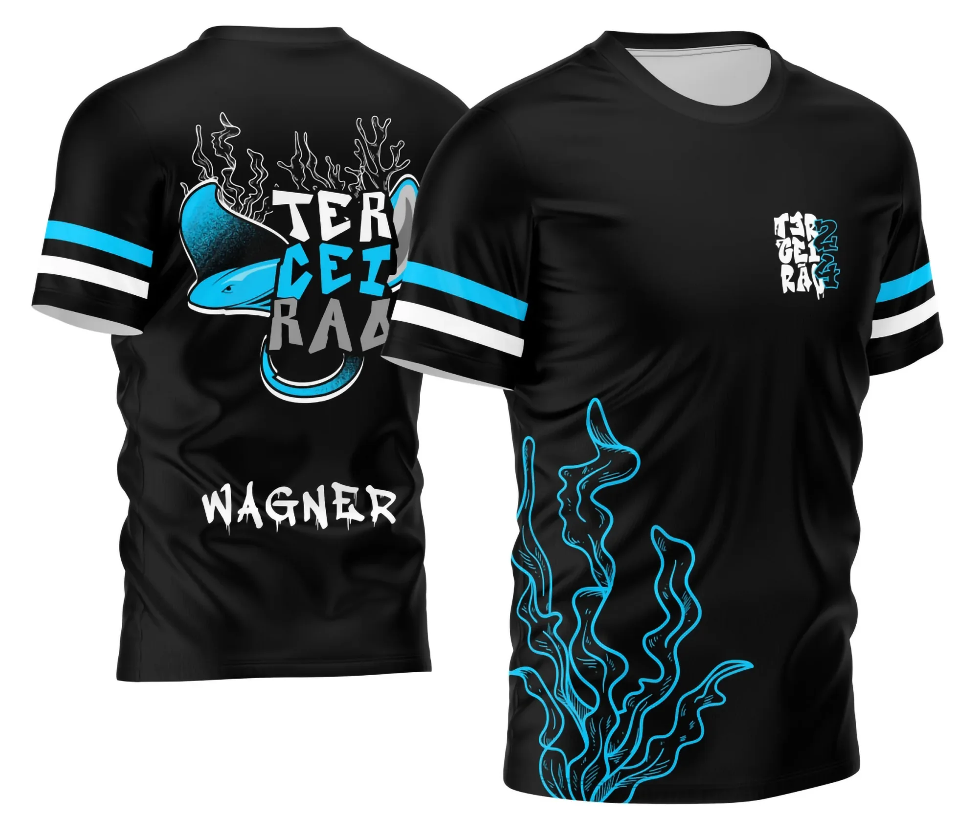 Camiseta unissex branca com logo no peito e estampa grande nas costas, tema Criativa Camisa Terceirão Festa Junina, perfeita para comemorar com estilo e conforto.